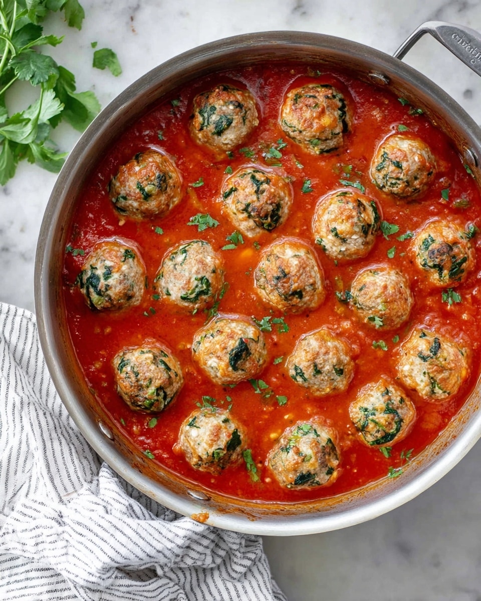 A silver pan filled with about sixteen round meatballs, each showing visible green spinach pieces and white cheese mixed throughout, all sitting in a thick, bright red tomato sauce that fills the pan nearly to the top. The pan is placed on a white marbled surface with a striped white cloth partially in the bottom left corner and a few green herb leaves near the top left. Photo taken with an iphone --ar 4:5 --v 7