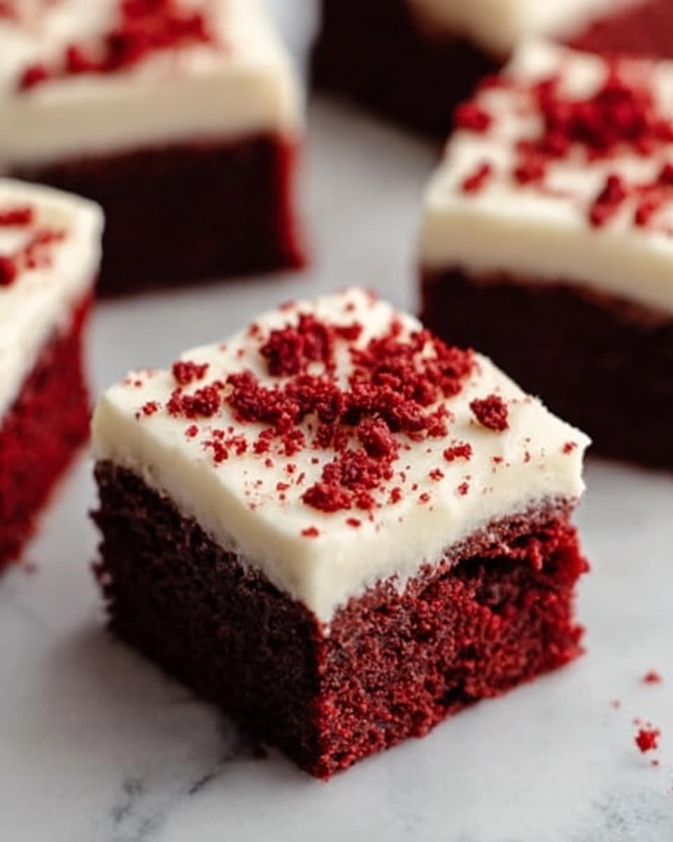 A close-up image of square pieces of red velvet cake with two layers, placed on a white marbled surface. The bottom layer is thick and dark red with a soft, moist texture. The top layer is a smooth, creamy white frosting, evenly spread and slightly raised above the cake. Small red crumbs are scattered on top of the frosting and around the pieces. The photo taken with an iphone --ar 4:5 --v 7