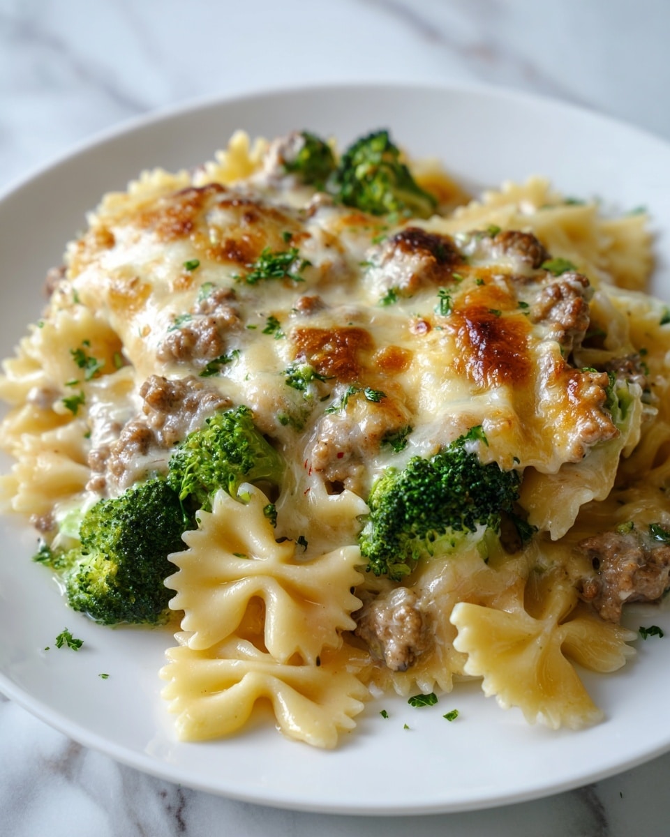The image shows a close-up of a dish with several layers of food on a white plate. The bottom layer consists of bowtie pasta in a light golden color, slightly glossy and textured by the sauce. On top of the pasta is a creamy, beige-colored sauce with small pieces of browned ground meat mixed in. Scattered throughout the dish are bright green broccoli florets, adding a fresh contrast. The top layer is covered with melted cheese, golden and bubbly in places, giving a rich and inviting look. Some finely chopped herbs are sprinkled over the cheese and around the edges. The plate sits on a white marbled surface, and the lighting highlights the texture and colors of the dish. Photo taken with an iphone --ar 4:5 --v 7