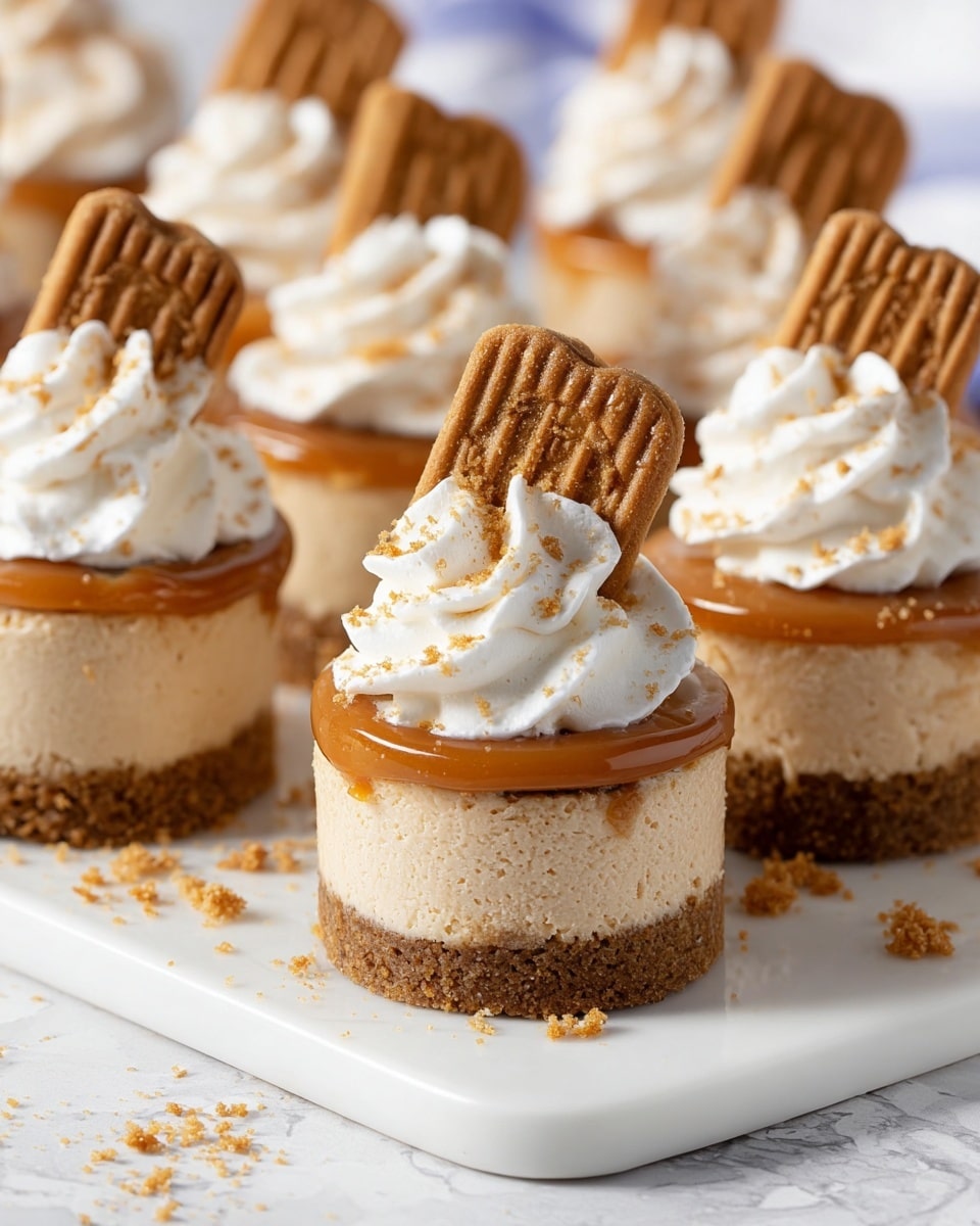The image shows several small round cheesecakes placed on a white tray with a white marbled background. Each cheesecake has three layers: a crumbly light brown base, a thick smooth light tan middle layer, and a shiny caramel brown layer on top. On top of the caramel layer, there is a swirl of white whipped cream sprinkled with tiny brown crumbs. A square brown cookie with ridged edges is inserted vertically into the whipped cream on each cheesecake. Crumbs are scattered around the cheesecakes on the tray, adding texture to the scene. Photo taken with an iphone --ar 4:5 --v 7