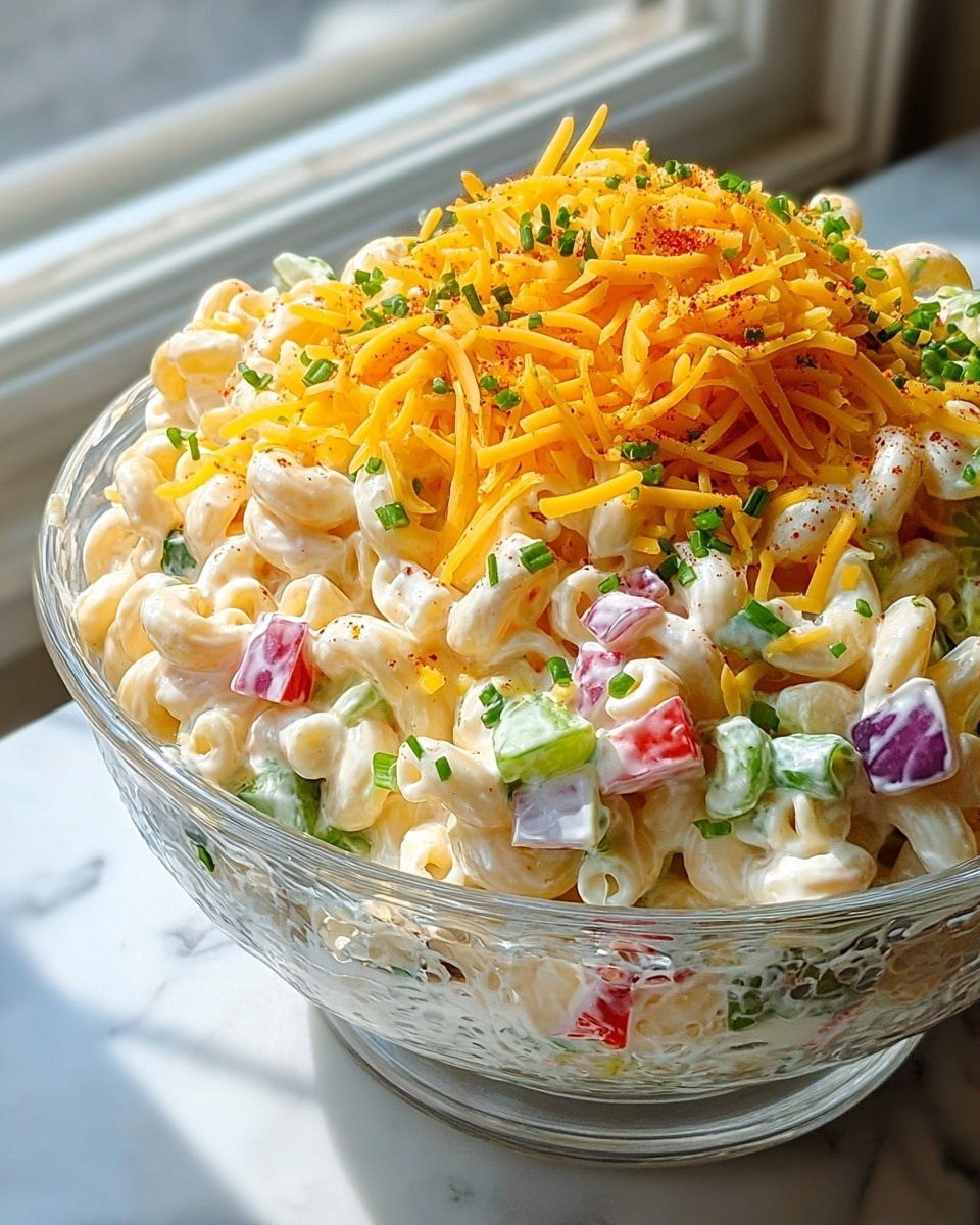A clear glass bowl filled with creamy macaroni salad sits on a white marbled surface. The dish has several layers: the base layer shows elbow macaroni coated with a thick creamy white dressing, mixed with small pieces of green bell pepper, red onion, and red bell pepper, adding green, purple, and red spots throughout. On top, there is a generous layer of shredded yellow cheddar cheese sprinkled with finely chopped fresh green herbs and a light dusting of reddish-orange seasoning, giving a vibrant and fresh look to the salad. The bowl is filled to the top with the macaroni salad slightly mounded in the center. Photo taken with an iphone --ar 4:5 --v 7