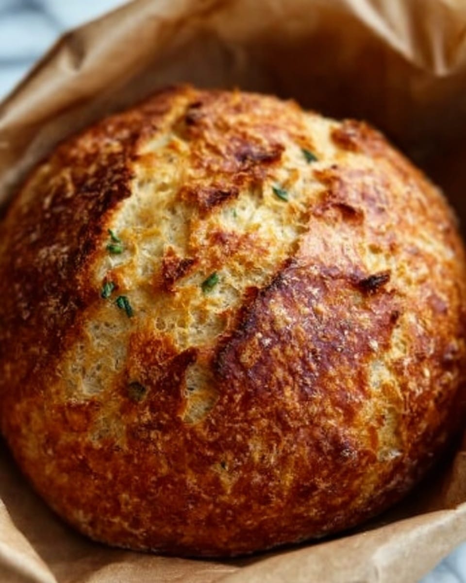 The image shows a round, golden-brown bread loaf with a rough, crunchy crust and a slightly cracked top. The surface has small green herbs sprinkled lightly, adding a hint of color. The loaf sits inside a light brown paper liner, and the texture looks crispy on the outside with a soft inside visible through the cracks. The background is a white marbled surface. Photo taken with an iphone --ar 4:5 --v 7