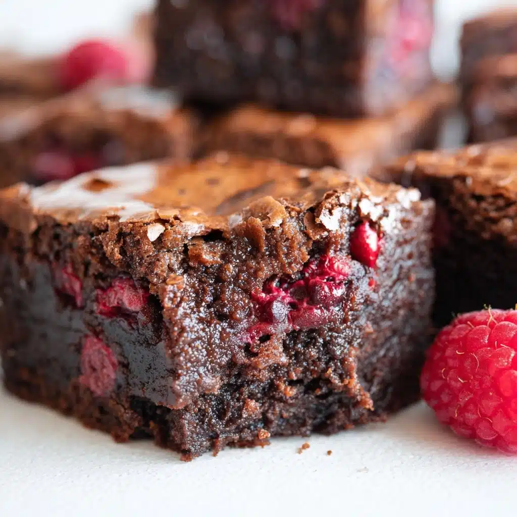 The image shows a close-up of a chocolate raspberry brownie cut into square pieces; each piece has two visible layers – a slightly cracked, rich brown, glossy top layer with a slightly crispy texture, and a dense, fudgy dark brown bottom layer embedded with juicy, bright red raspberries that add pops of color and texture. The brownie interior looks moist with a combination of smooth and crumbly textures. Fresh raspberries surround the brownie pieces, adding freshness and vibrant contrast to the deep chocolate hues. Photo taken with an iphone  --v 7.0