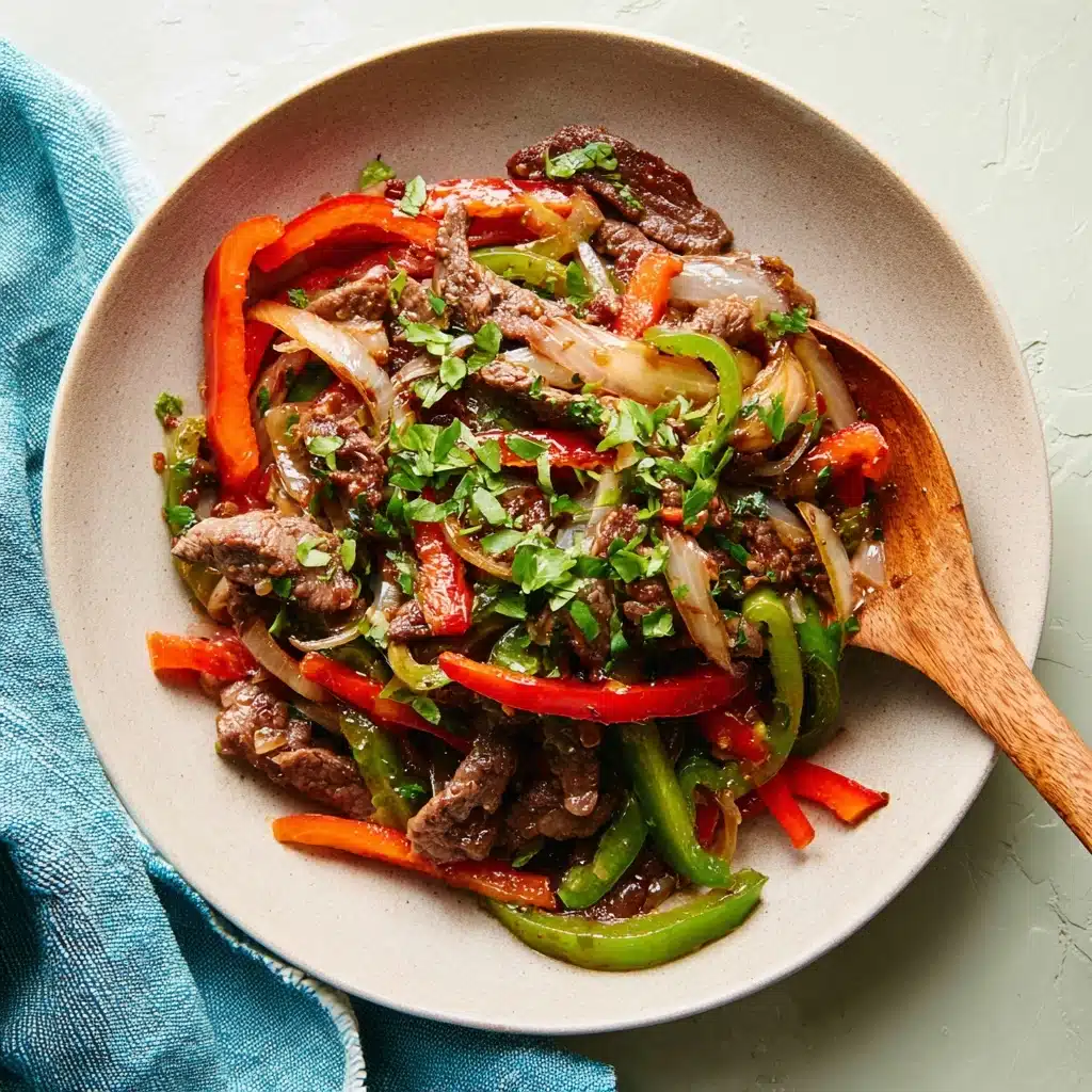 A shallow, neutral-toned plate holds a stir-fry dish featuring roughly three main layers: the first layer consists of thin strips of tender, browned beef with a slightly glossy texture; the second layer includes vibrant, crunchy bell pepper strips in red and green, mingled with translucent, sautéed onion slices; the third layer atop is a sprinkling of finely chopped fresh green herbs brightening the dish. A wooden spoon rests on the edge, complementing the natural, rustic presentation, with a soft blue cloth partly visible on the left side. The overall composition has a fresh and colorful look with a mix of glossy and matte textures. photo taken with an iphone  --v 7.0