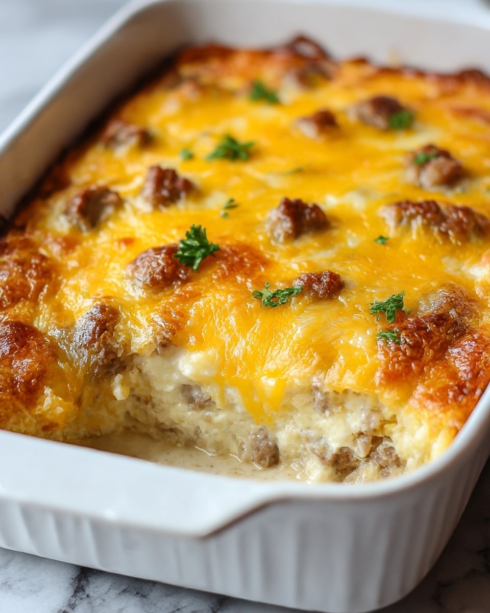 A close-up view of a baked casserole in a white rectangular dish on a white marbled surface, showing three distinct layers: the bottom layer is a creamy, light beige mixture with small brown sausage pieces, above it is a thick layer of soft, pale cheese melted into the dish, and the top layer is golden-yellow melted cheese with browned, bubbly spots and scattered small sausage chunks, garnished with small bits of fresh green herbs. A piece has been scooped out from one corner, exposing the creamy inside layers. photo taken with an iphone --ar 4:5 --v 7