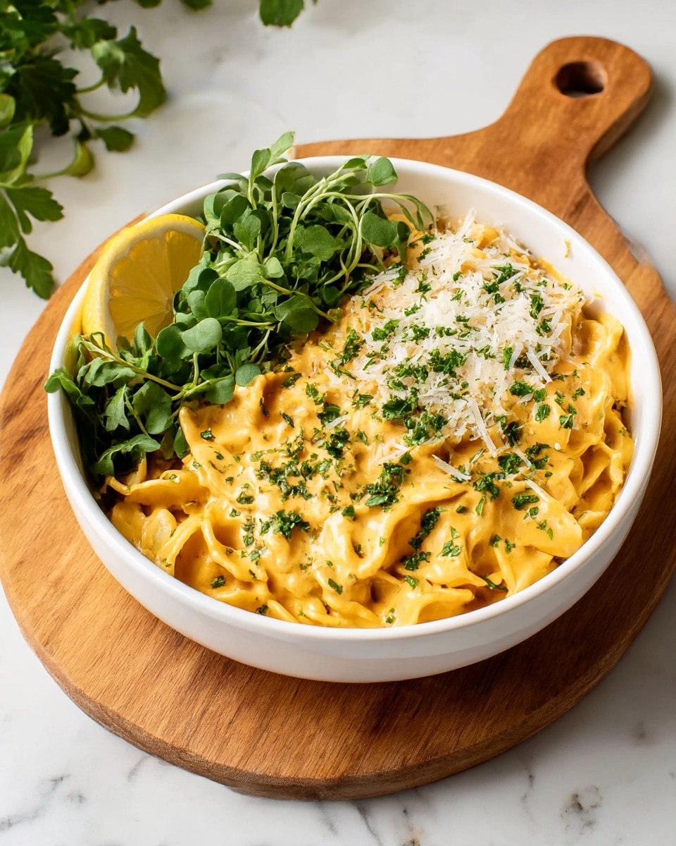 A white bowl filled with creamy orange-yellow fettuccine pasta covered with a smooth sauce, topped with grated cheese and sprinkled with chopped green herbs. On one side of the pasta, there is a small bunch of fresh green microgreens, and a wedge of lemon leans against the bowl’s edge. The bowl sits on a wooden board placed over a white marbled surface, with some green leafy herbs blurred in the background. photo taken with an iphone --ar 4:5 --v 7