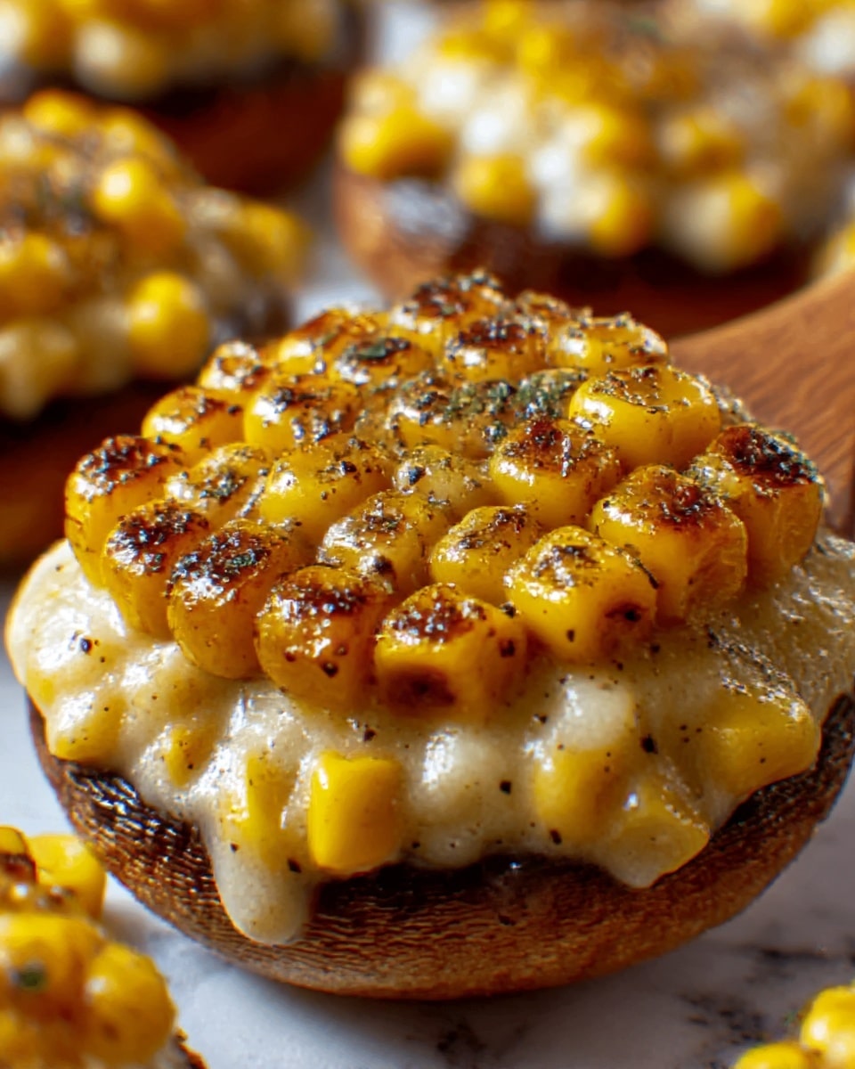 A close-up of a grilled stuffed mushroom cap on a white plate, filled with a mix of yellow grilled corn kernels and melted white cheese. The stuffed mushroom shows a glossy brown top layer, slightly charred with black specks, with the bright yellow and creamy white corn and cheese mix packed tightly inside. Around the mushroom, more stuffed mushrooms are slightly out of focus on the white plate. The background is a white marbled surface. Photo taken with an iphone --ar 4:5 --v 7