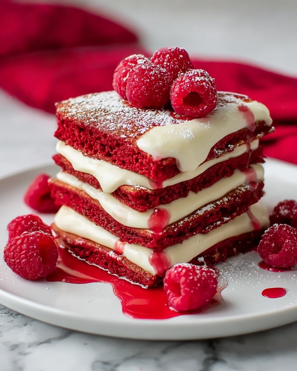 A stack of three thick red velvet pancakes is shown on a white plate placed on a white marbled surface. Between each pancake layer is a smooth, creamy white filling that looks soft and rich. Bright red syrup is drizzled over the pancakes and filling, dripping down the sides. Fresh, plump raspberries sit on the top layer and scattered around the plate, all lightly dusted with powdered sugar. The texture of the pancakes is soft and slightly crumbly, with the syrup adding a glossy shine. Photo taken with an iphone --ar 4:5 --v 7