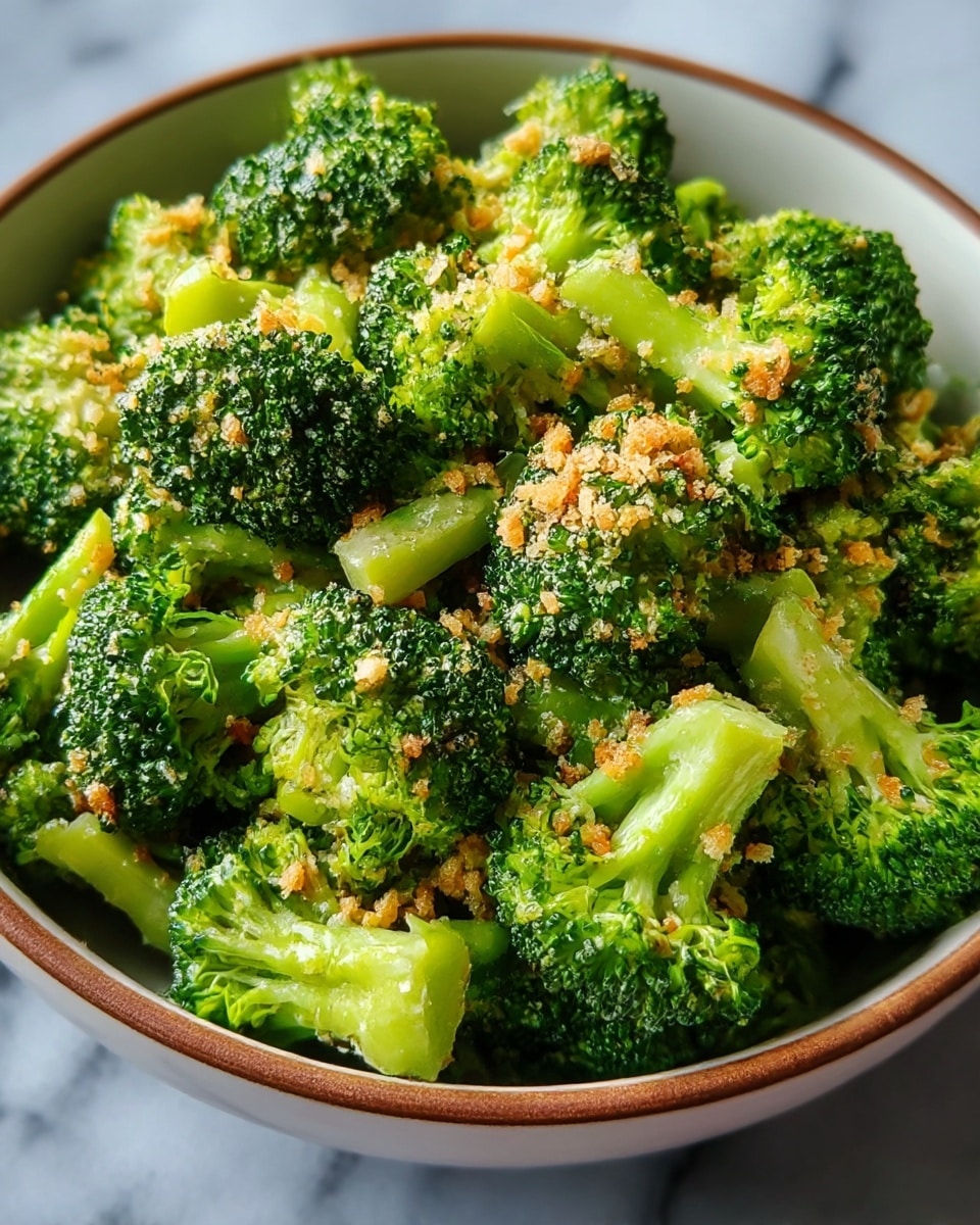 A close-up view of a bowl filled with bright green broccoli florets coated in small white and yellowish crumbly bits, evenly mixed on top and around the broccoli. The broccoli pieces are bite-sized with a rough texture from the crumbs. The bowl holding the broccoli is white with a brown rim, placed on a white marbled surface. Photo taken with an iphone --ar 4:5 --v 7