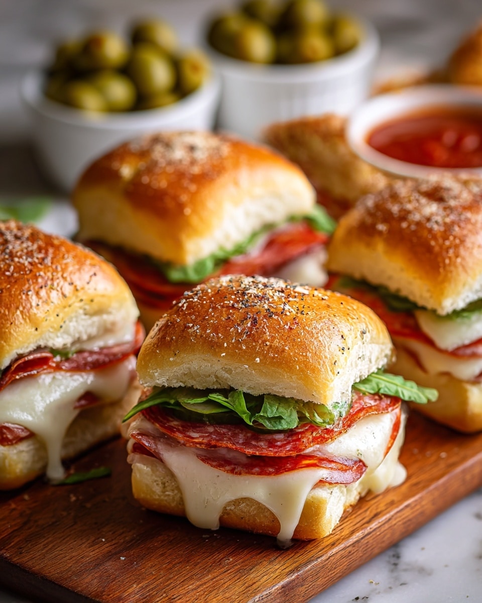 The image shows a close-up view of several small sandwiches arranged in a group on a wooden board. Each sandwich has two layers of soft golden-brown bread rolls with a slightly shiny top sprinkled with coarse salt and black pepper. Inside, there is a layer of melted white cheese that drips slightly over the bottom bread, a layer of thinly sliced red pepperoni, some slices of green pickle, and fresh green leafy herbs on top. The sandwiches look juicy and fresh, with vibrant reds and greens contrasting against the warm tones of the bread and wooden board. In the blurred background, there are two white bowls; one with green olives and another with red sauce. The whole scene is set on a white marbled texture. photo taken with an iphone --ar 4:5 --v 7