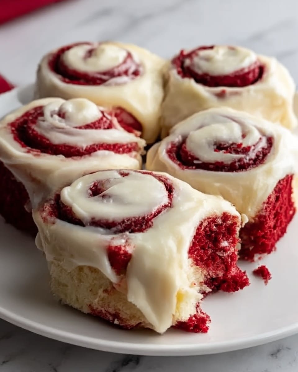 A close-up photo of four red velvet cinnamon rolls on a white plate placed on a white marbled surface. Each cinnamon roll has a deep red base layer with a soft and slightly crumbly texture. On top of each roll, there is a thick swirl of creamy white frosting, smooth and glossy, evenly spread in a spiral pattern that follows the shape of the rolls. The rolls are arranged closely together, with one slightly pulled forward showing the moist and rich red layers inside. Photo taken with an iphone --ar 4:5 --v 7