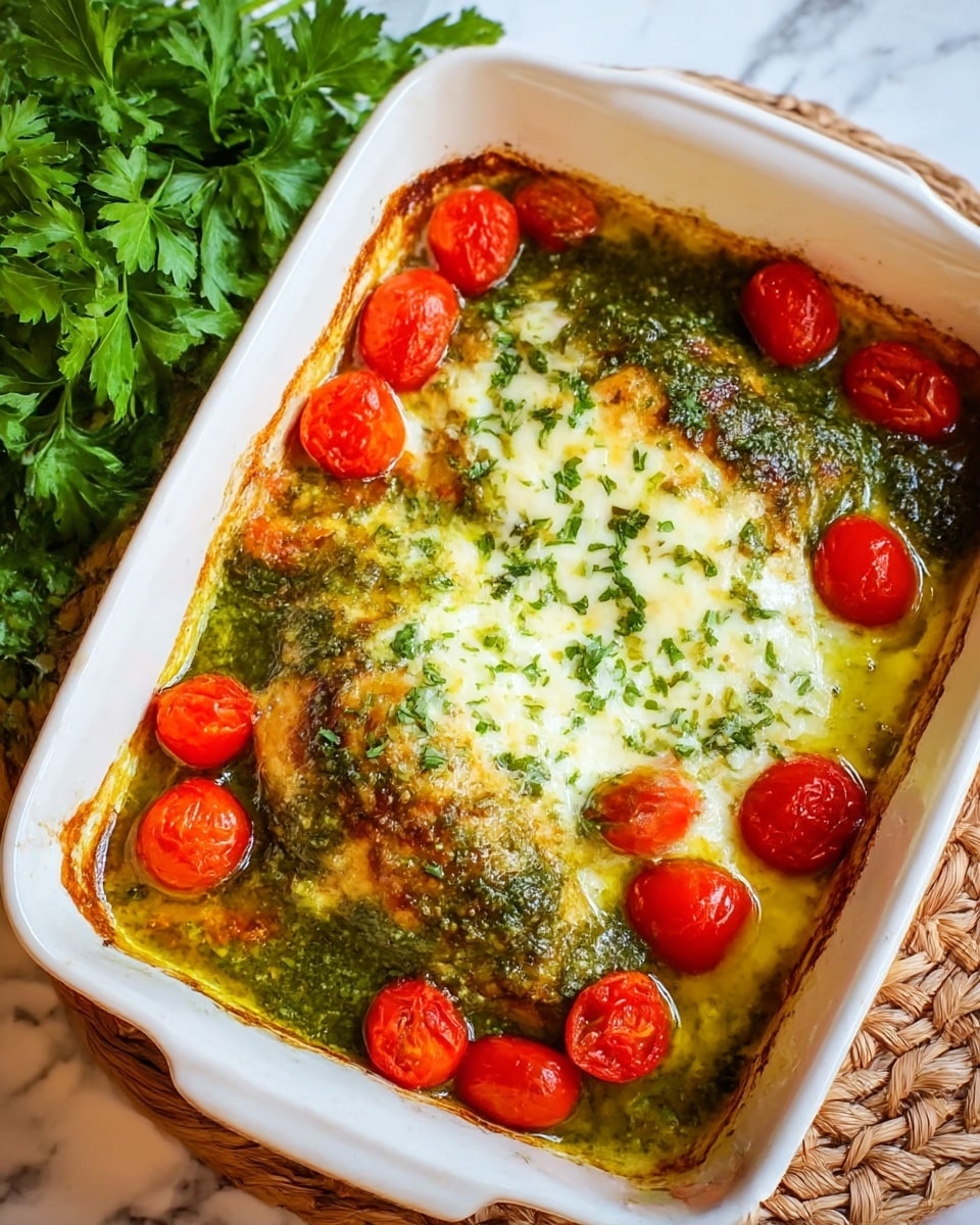 The dish is in a white ceramic baking dish, showing two large pieces of baked chicken on the bottom layer, with a golden brown and slightly crispy texture. The chicken is topped with a layer of green pesto sauce that looks oily and textured with herbs. Around the chicken, there are whole bright red cherry tomatoes placed evenly along the edges. The top has a melted, creamy white cheese layer sprinkled with small green herb bits. The baking dish sits on a woven straw mat, and beside it to the left is fresh green parsley on a white marbled surface. photo taken with an iphone --ar 4:5 --v 7