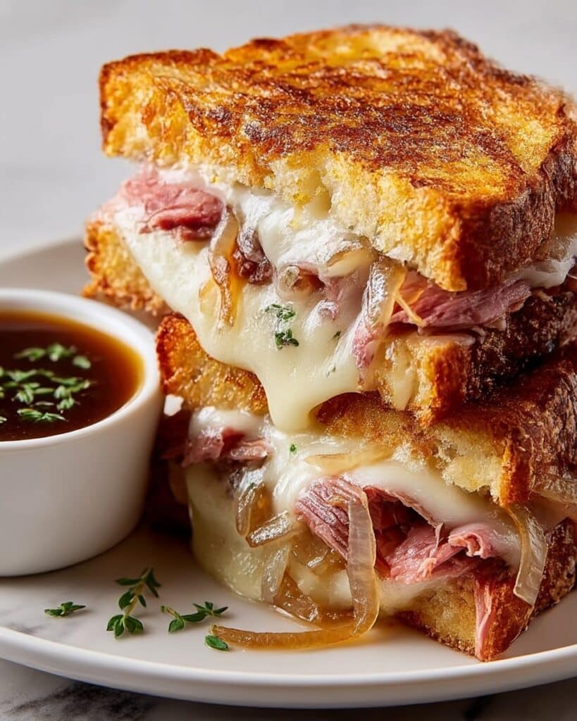 French Dip Grilled Cheese with Caramelized Onions and Savory Au Jus Recipe