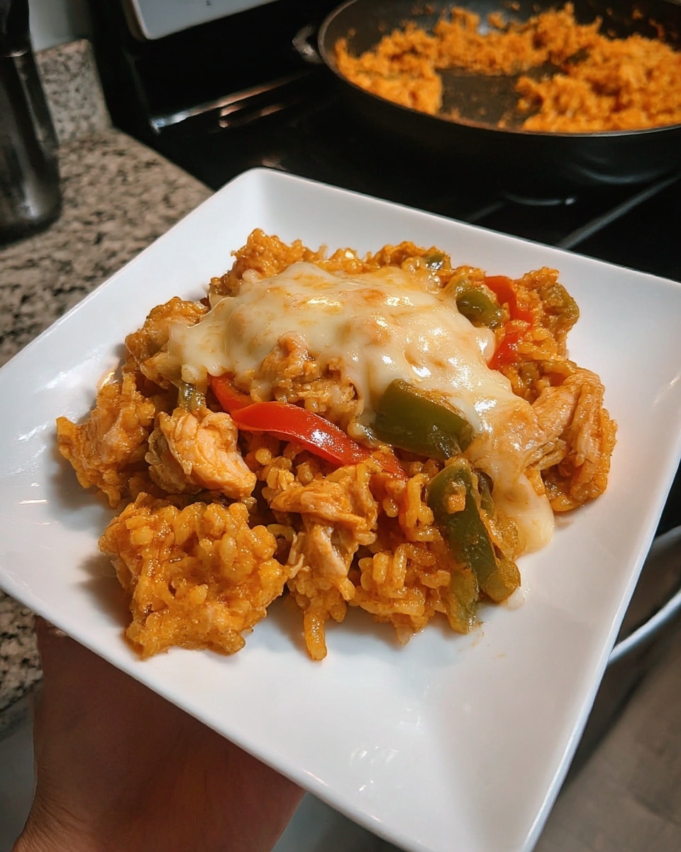 A serving of orange-colored rice mixed with chunks of cooked chicken and slices of green and red bell peppers is placed in the center of a white square plate. The rice looks soft and moist, coated with sauce, while the chicken pieces appear tender and slightly browned. A layer of melted creamy cheese is draped unevenly over the top, adding a glossy, smooth texture that contrasts with the grainy rice. The plate is held by a woman's hand against a background of a black stove and a granite countertop. photo taken with an iphone --ar 4:5 --v 7