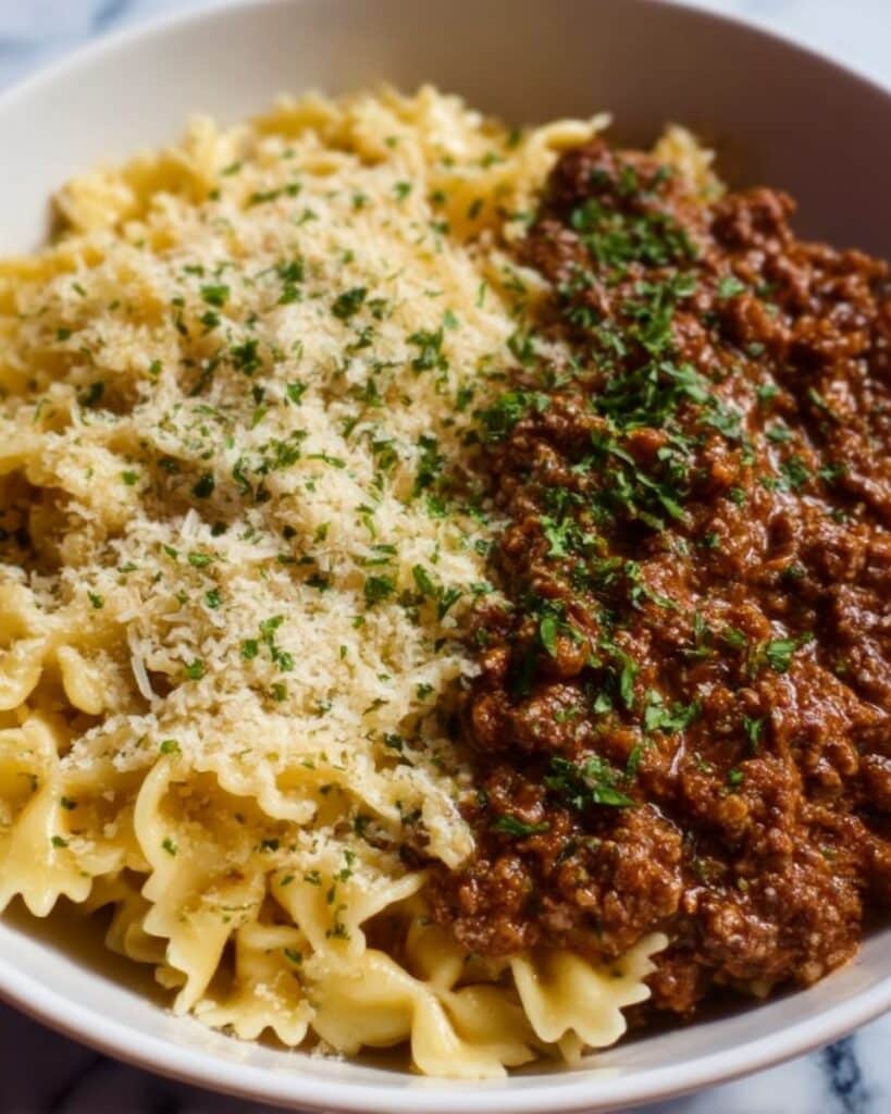 Cheesy Bowtie Pasta with Savory Cajun Ground Beef in Garlic Cream Recipe