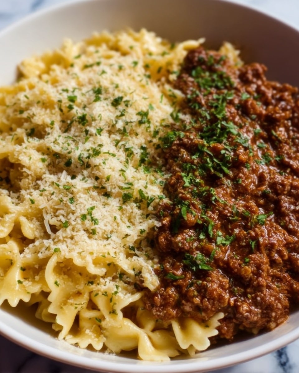 The image shows a close-up of a white bowl filled with two halves of a pasta dish. On the left side, there is a large layer of creamy, light beige bow-tie pasta with a sprinkle of finely chopped green herbs and grated white cheese on top, creating a soft textured look. On the right side, there is a thick layer of rich, dark brown meat sauce with fresh green herbs scattered on the surface. The contrast between the pale pasta and the dark sauce creates a clear division in the bowl. The photo is taken on a white marbled surface. Photo taken with an iphone --ar 4:5 --v 7