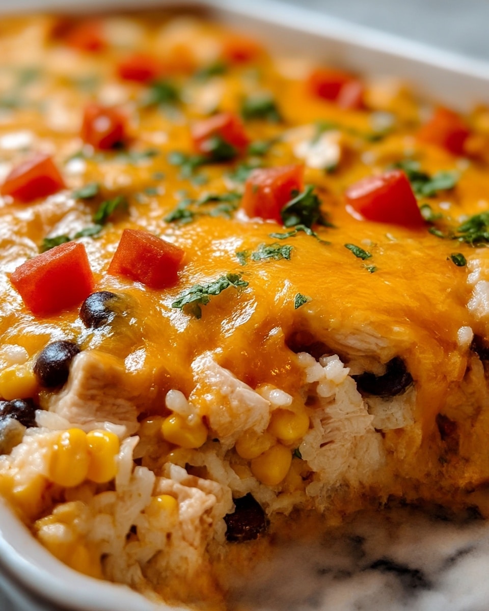 The image shows a close-up of a layered baked dish in a rectangular white dish. The bottom layer consists of cooked rice mixed with yellow corn and black beans, looking moist and soft. Above the rice is a layer of melted golden-yellow cheese that is thick and gooey, covering the dish evenly with some cheese dripping down. On top of the cheese is a sprinkle of chopped green herbs and small diced red tomatoes, adding fresh colors and texture contrast. The background is a white marbled texture. photo taken with an iphone --ar 4:5 --v 7
