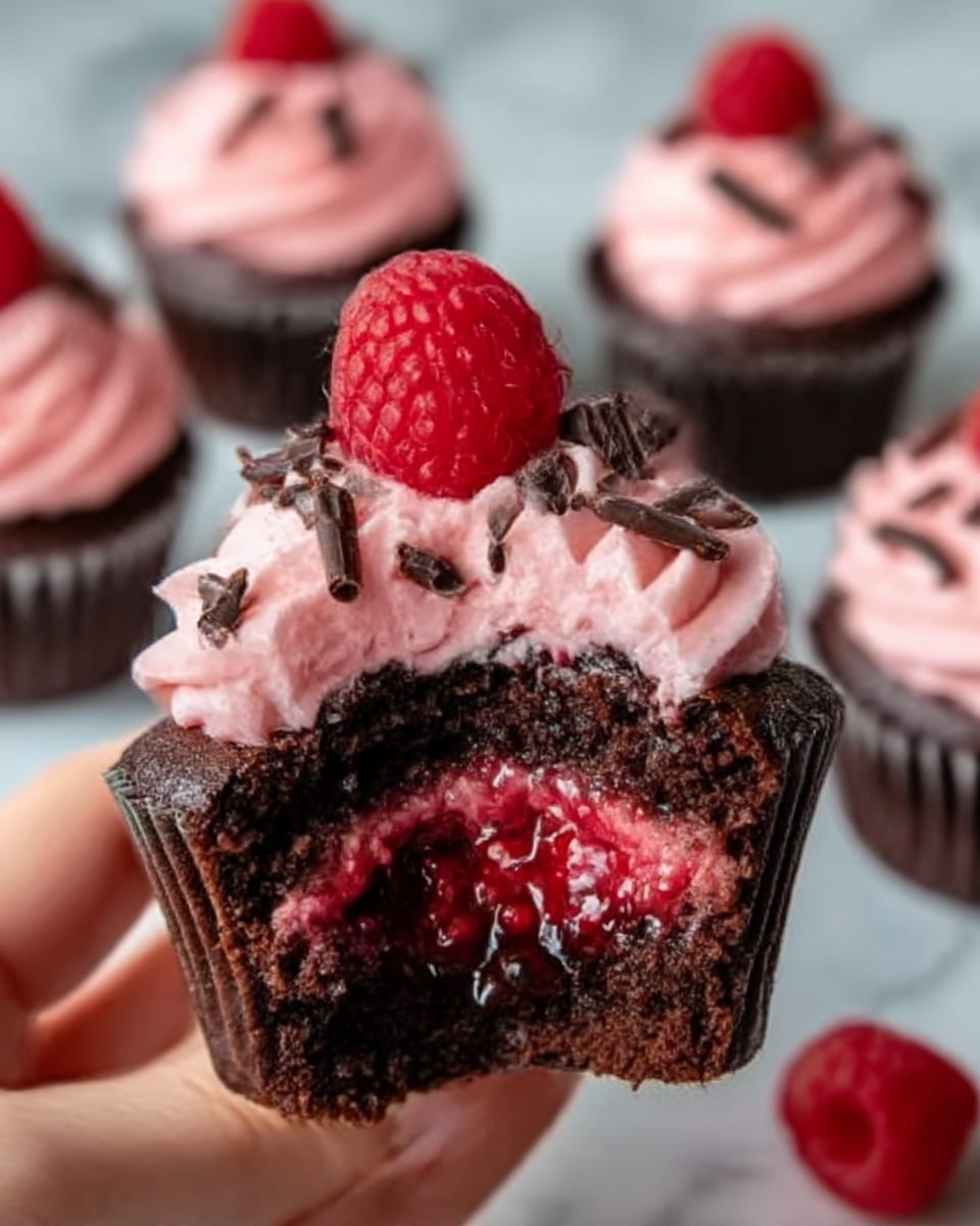 A chocolate cupcake in a white paper liner is filled with bright red raspberry jam that spills out from a bite taken from the middle. On top, there is a thick layer of light pink frosting with a smooth, creamy texture, swirled in a flower shape. A fresh red raspberry sits on each frosted cupcake, and dark chocolate shavings are scattered over the frosting. The cupcakes are placed on a white marbled surface, with a few loose raspberries around them. Photo taken with an iphone --ar 4:5 --v 7
