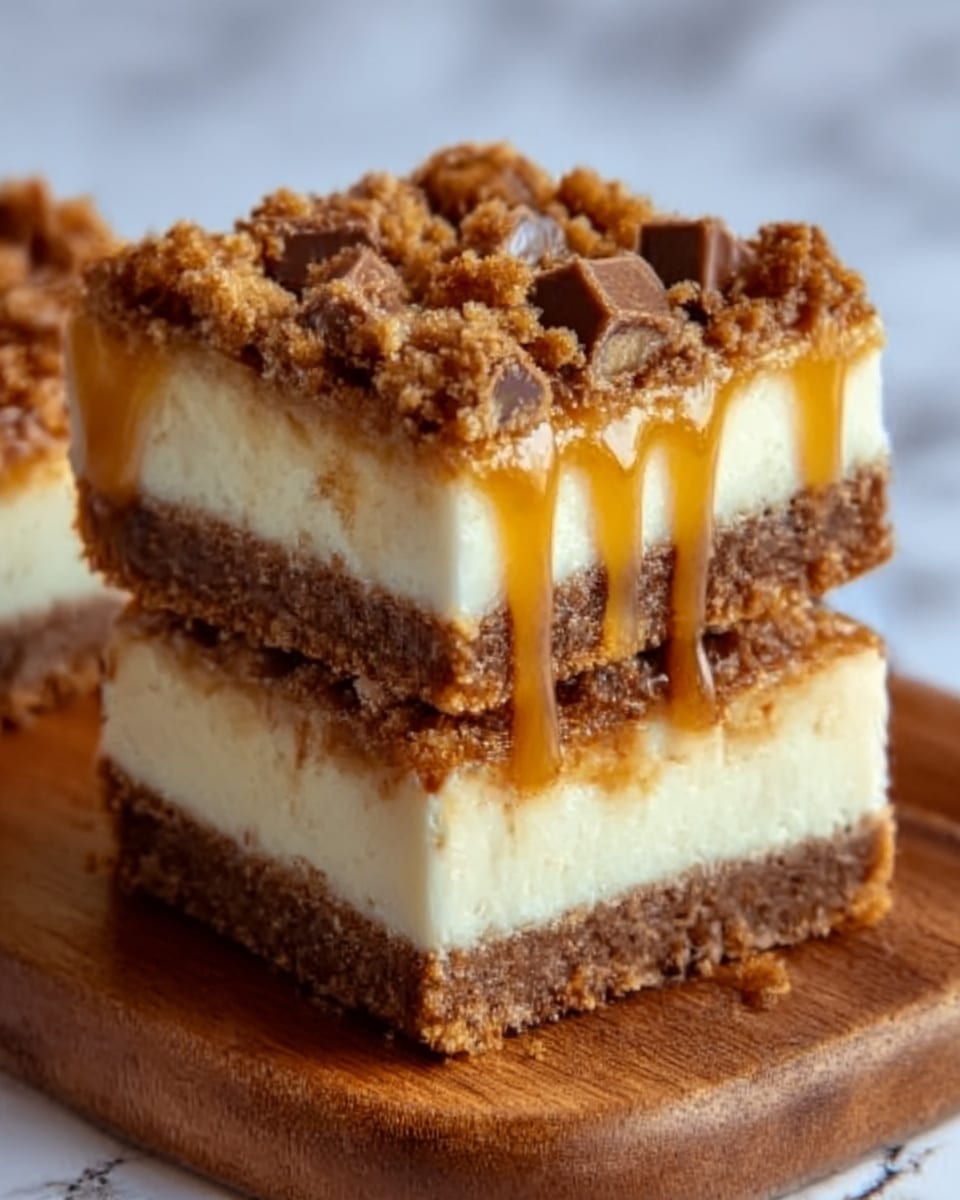 The image shows two square dessert bars, each made of four visible layers. The bottom layer is a thick, crumbly brown crust. Above that is a smooth, creamy white layer. The third layer on top is a golden caramel sauce, slightly dripping down the sides. The top layer is a rough, crumbly brown streusel with small pieces of chocolate candy mixed in. The bars are placed on a wooden board with a soft, warm light shining on them. The background is a white marbled texture. photo taken with an iphone --ar 4:5 --v 7