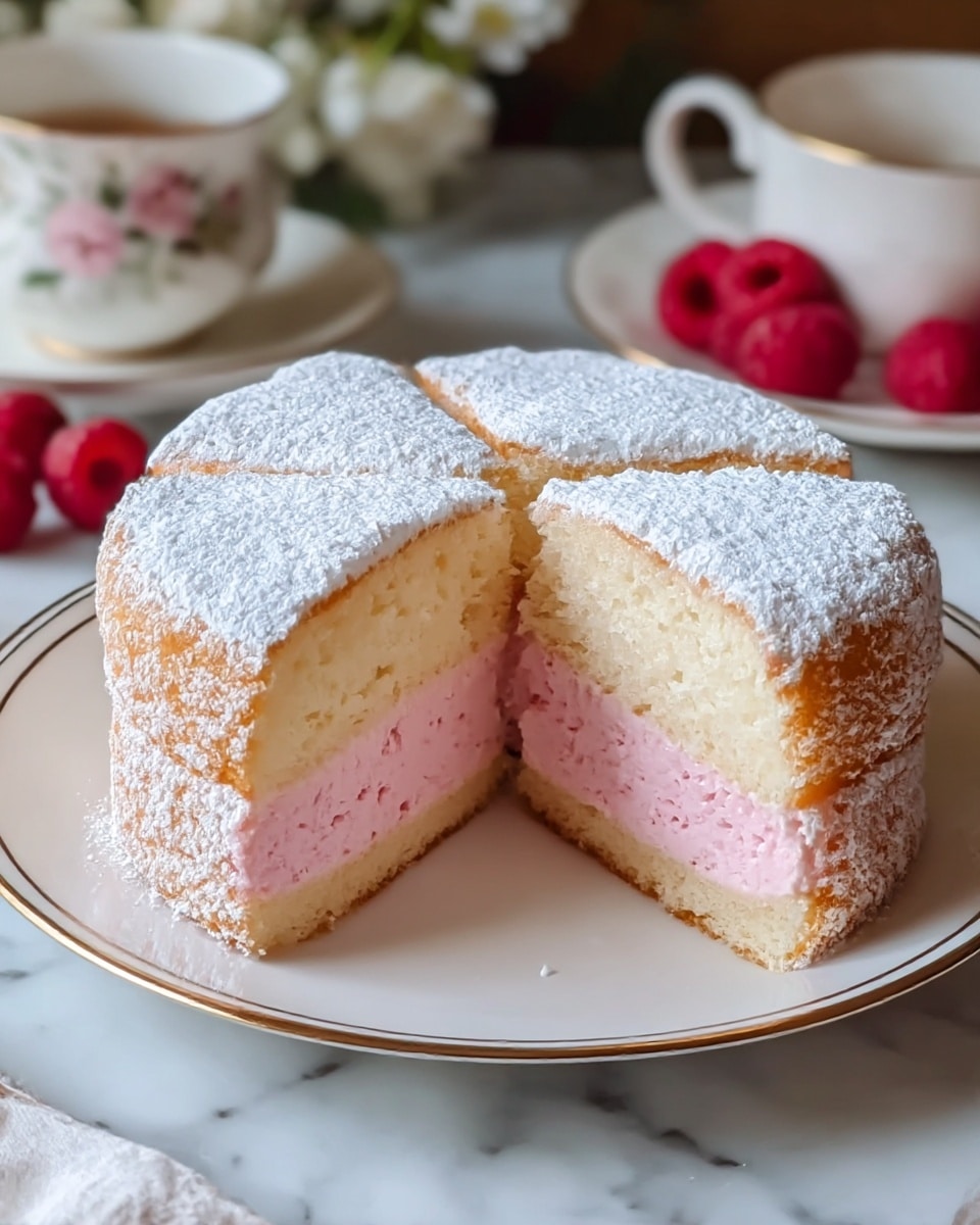 The image shows a round cake with one slice cut out, revealing two main layers. The outer layer is light golden brown with a dusting of powdered sugar on top, creating a soft snowy effect. Inside, the cake has a thick, fluffy pink layer that looks moist and slightly textured. The cake sits on a white plate with a delicate gold and rose pattern around the edge, placed on a white marbled texture surface. In the blurred background, there is a white teapot with floral decorations and a white plate with bright red raspberries. photo taken with an iphone --ar 4:5 --v 7