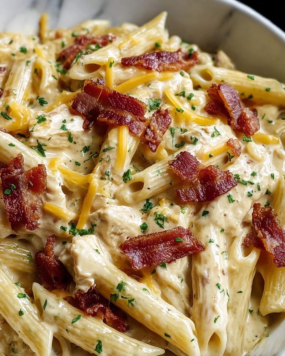 This is a close-up image of creamy pasta with penne noodles and chunks of cooked chicken mixed in. The pasta is covered with a smooth, thick light beige sauce, with melted yellow cheese scattered on top. Small pieces of crispy bacon add a rich reddish-brown color across the dish. Sprinkles of fresh green herbs are dotted over everything, giving a fresh look. The textures include tender chicken, soft pasta, creamy sauce, melted cheese, and crunchy bacon bits. The entire dish sits on a white marbled texture. photo taken with an iphone --ar 4:5 --v 7