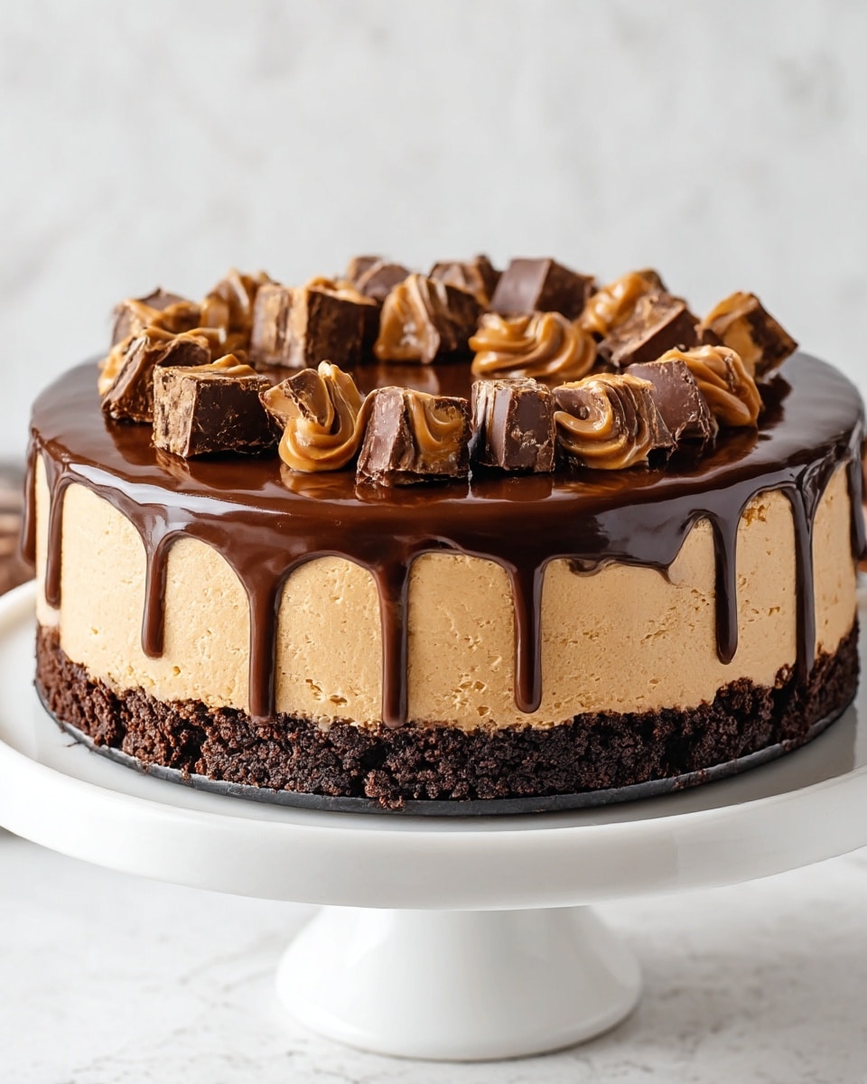 The image shows a three-layered round cake on a white marbled cake stand. The bottom layer is dark brown and crumbly, looking like a chocolate cookie crust. The middle layer is thick, smooth, and creamy with a light brown color like peanut butter. The top layer is a rich, shiny chocolate glaze that drips slightly down the sides. The cake top is covered with cut pieces of dark chocolate candy and swirls of peanut butter, creating a textured and rich appearance. The photo taken with an iphone --ar 4:5 --v 7