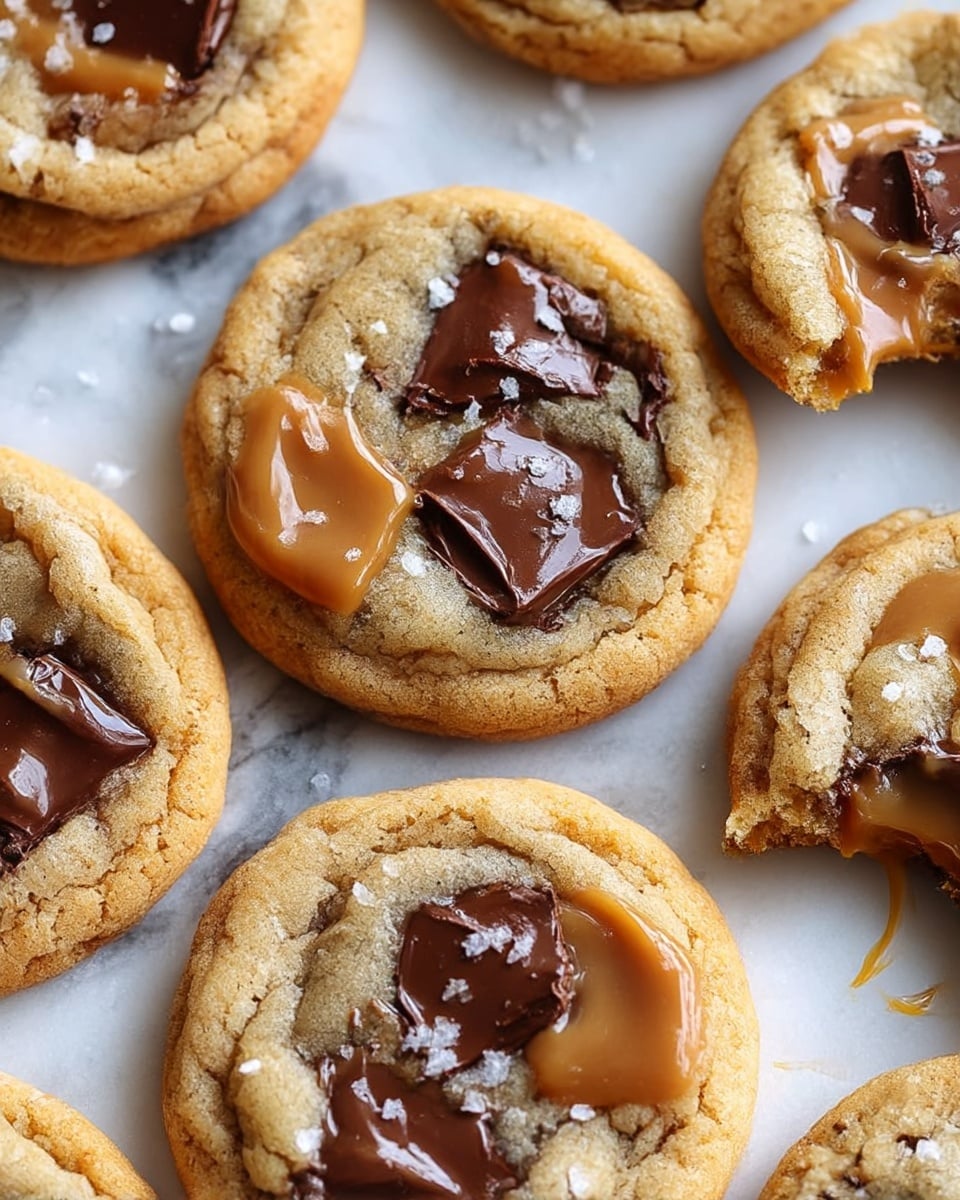 The image shows several round cookies on a white marbled surface, each with a light golden-brown base layer that looks soft and slightly chewy. Embedded in the dough are thick, dark brown chocolate chunks that are partially melted and glossy. On top of some cookies, there are shiny caramel dollops that appear smooth and slightly gooey, adding a rich, sticky texture. Small white flakes of sea salt are sprinkled across the surface, creating a contrast with the darker caramel and chocolate. One cookie at the side is broken, revealing the soft inside and showing the melted chocolate and caramel melting together. Photo taken with an iphone --ar 4:5 --v 7