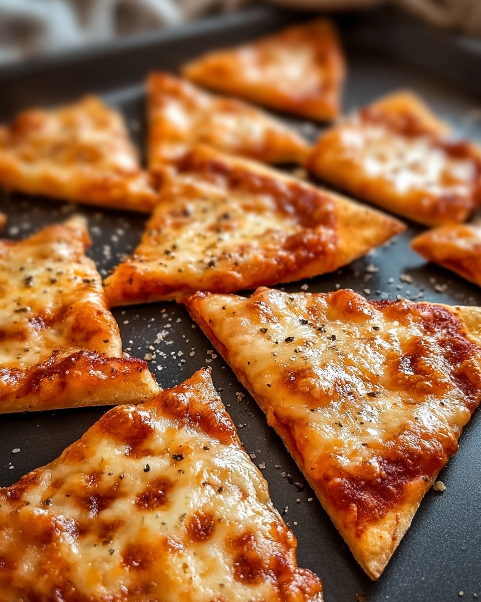 The image shows several small, triangular pizza slices laid out on a dark baking sheet. Each slice has a thin, crisp crust with a golden-brown color, topped with smooth melted cheese that bubbles and browns slightly in spots. Some slices have small black pepper flakes sprinkled on top, adding tiny dark dots to the otherwise cheesy surface. The texture of the cheese looks soft and gooey with some baked bubbly areas, while the edges of the crust appear crunchy and slightly crisp. A few grains of salt or seasoning are scattered lightly on the baking sheet around the slices. photo taken with an iphone --ar 4:5 --v 7