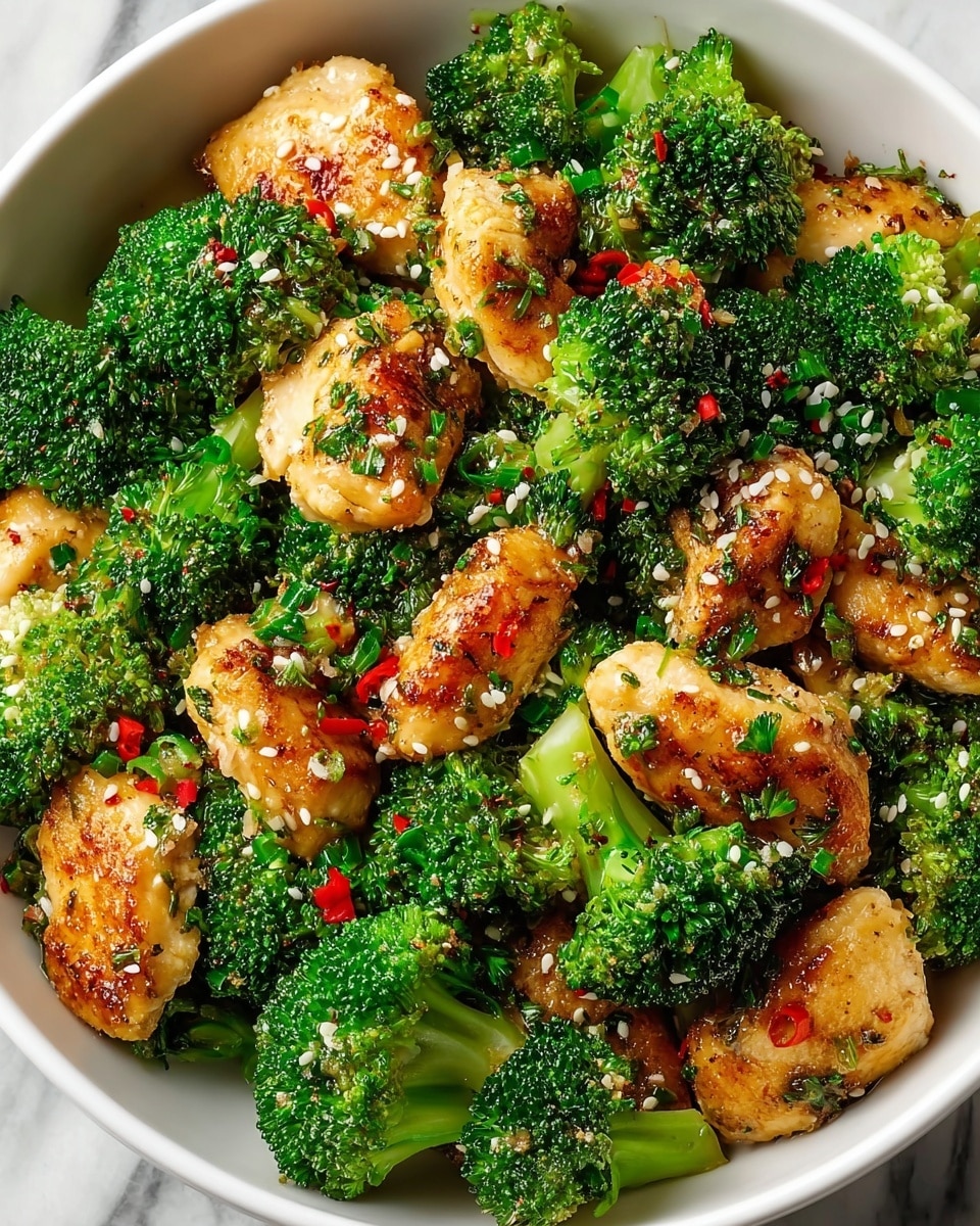 A white bowl filled with bright green broccoli florets mixed with golden brown, crispy chicken pieces. The broccoli looks fresh and slightly steamed, with small white sesame seeds sprinkled on top. The chicken has a crunchy texture, coated with finely chopped herbs and tiny pieces of red chili. The dish has a glossy finish from a light sauce coating the vegetables and chicken. The bowl is set on a white marbled surface, with a metal spoon partially visible on the right side. photo taken with an iphone --ar 4:5 --v 7