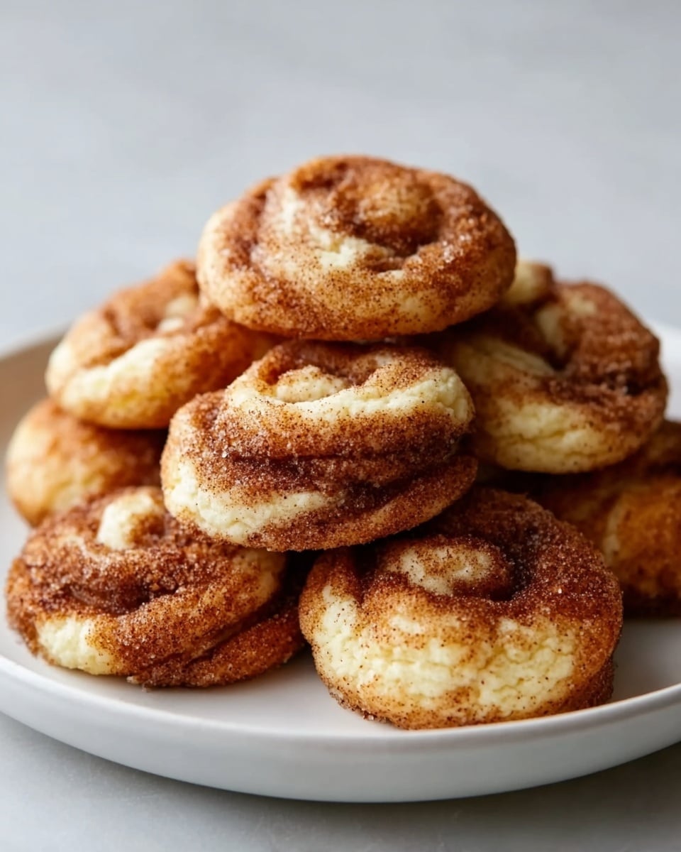 The image shows a stack of small, round cookies on a white plate, placed on a surface with a white marbled texture. Each cookie has a golden-brown color with a visible texture of sugar and cinnamon sprinkled on top. The cookies appear soft with slightly uneven edges, and the top is covered with swirled patches of white cream cheese that look smooth and creamy. The overall look is warm and inviting with a mix of light and dark brown hues from the cinnamon and baked dough. photo taken with an iphone --ar 4:5 --v 7