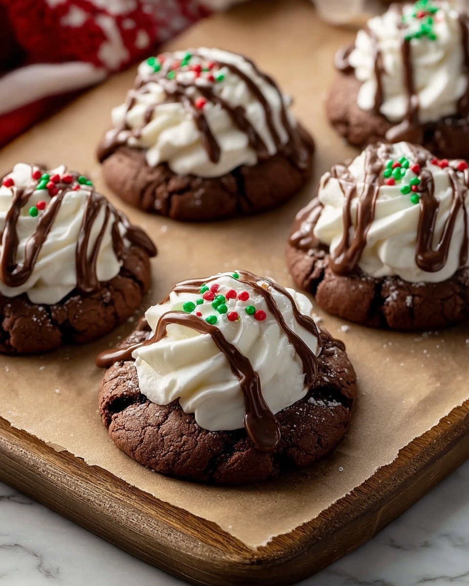 There are five chocolate cookies on a piece of parchment paper over a white marbled surface. Each cookie has one thick, dark brown base layer with a rough, cracked texture. On top of each cookie is a thick swirl of smooth, white whipped cream. Drizzled over the whipped cream are three lines of shiny chocolate sauce, each line curving and dripping slightly. Small red and green round sprinkles are scattered on the whipped cream, adding bright spots of color. The cookies are evenly spaced and lit by warm light from the side, casting soft shadows. Photo taken with an iphone --ar 4:5 --v 7