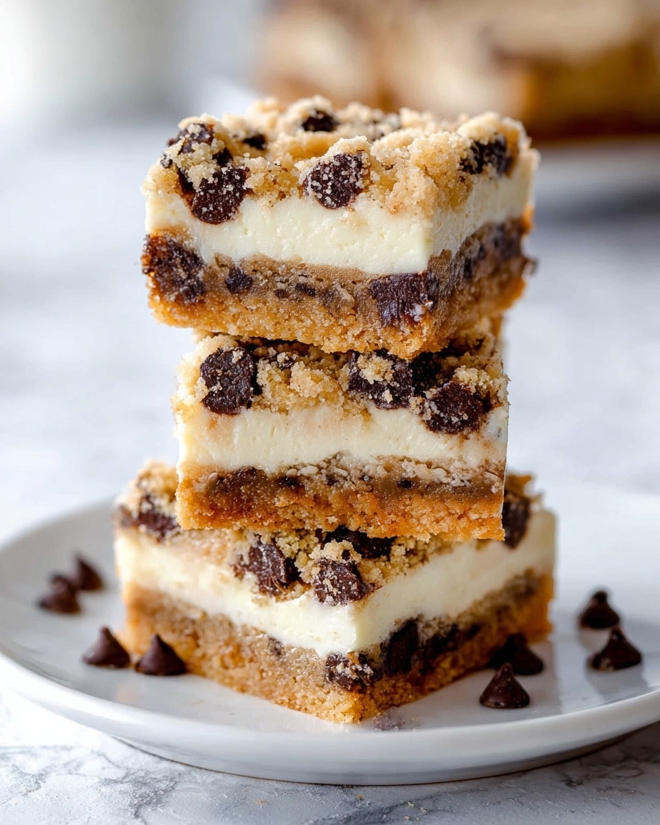 Three dessert bars are stacked on top of each other on a white plate set against a white marbled background. Each bar has three layers: the bottom layer is a crumbly light brown crust, the middle layer is a smooth, thick white cream, and the top layer is a golden cookie dough studded with dark chocolate chips. Two chocolate chips sit beside the plate, adding extra detail to the scene. The texture of the cookie dough appears soft and slightly chunky with visible chocolate pieces. The photo taken with an iphone --ar 4:5 --v 7