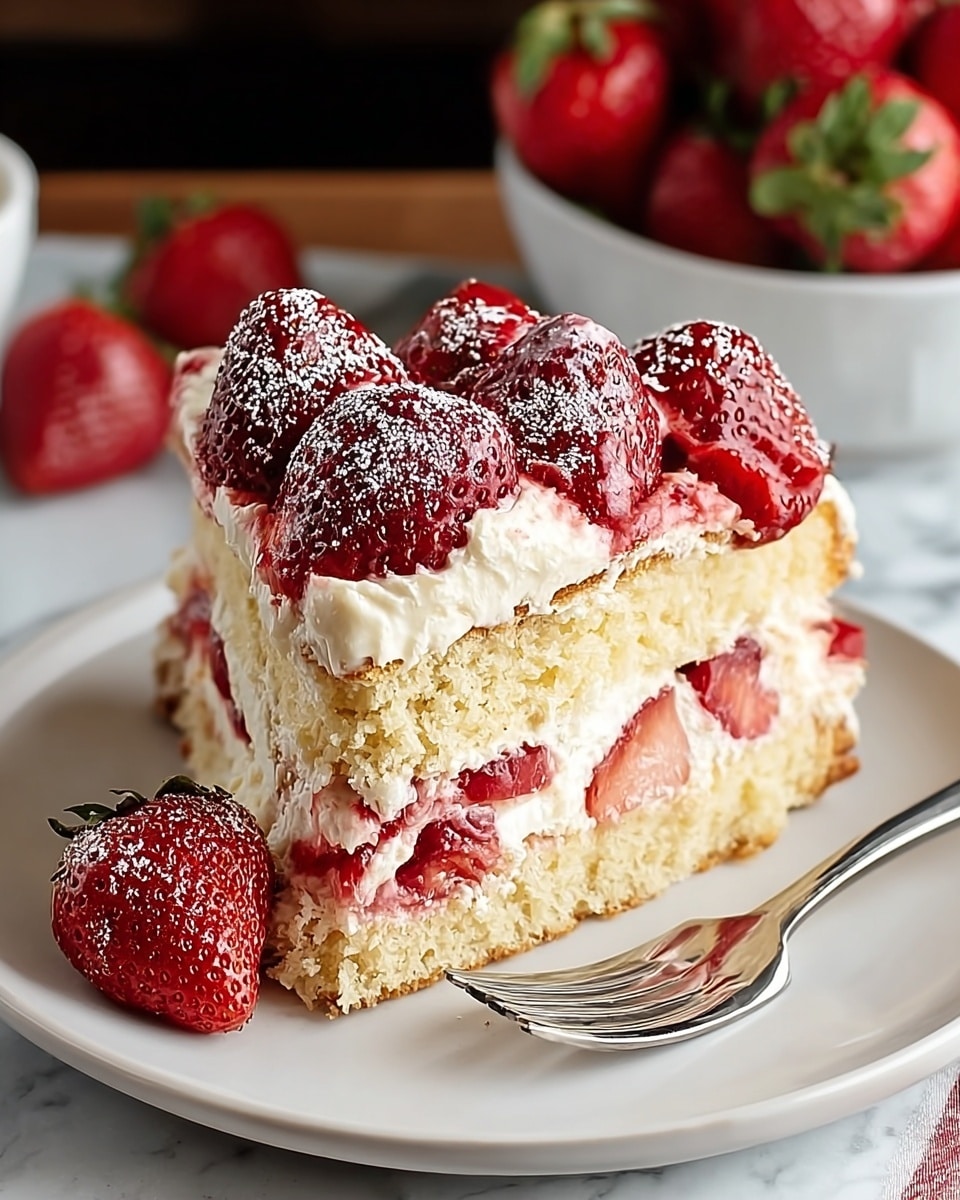 A slice of creamy strawberry cake is placed on a white plate with a silver fork resting beside it. The cake has three visible layers: the bottom and top layers are light golden sponge cake with a soft, crumbly texture; the middle layer is thick white cream mixed with strawberry pieces; and the top is covered with whole, bright red strawberries dusted lightly with powdered sugar. Two extra strawberries sit next to the slice on the plate. The plate rests on a white marbled surface with a bowl of whole strawberries blurred in the background. photo taken with an iphone --ar 4:5 --v 7