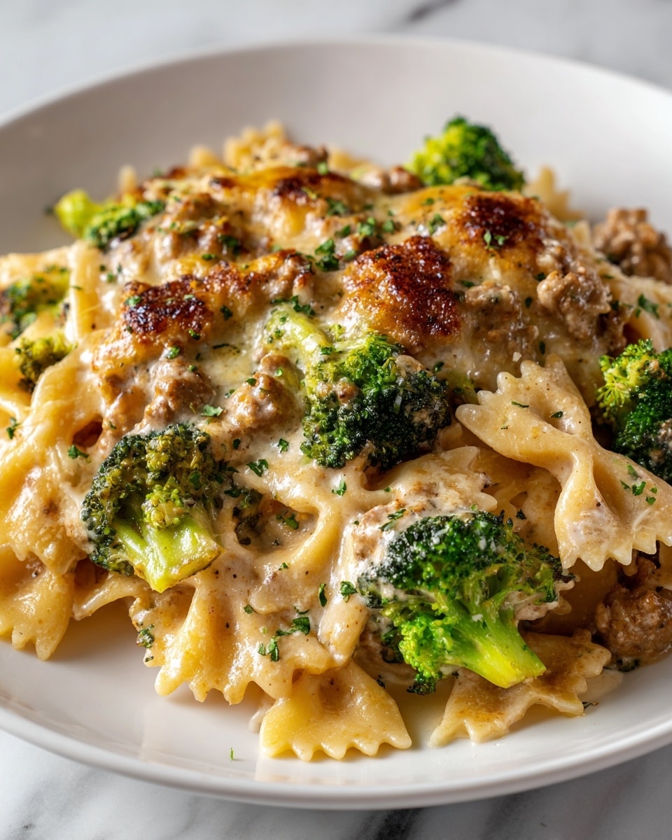 The image shows a close-up of a pasta dish in a white bowl placed on a white marbled surface. The dish has two main layers: the bottom layer is bowtie pasta cooked to a soft texture with a light yellow color, and the top layer is a creamy sauce with visible chunks of chicken and pieces of bright green broccoli scattered throughout. The sauce is smooth with a light beige color, speckled with small bits of herbs and spices. The dish looks rich and cheesy, with some melted cheese covering the chicken and pasta. Photo taken with an iphone --ar 4:5 --v 7