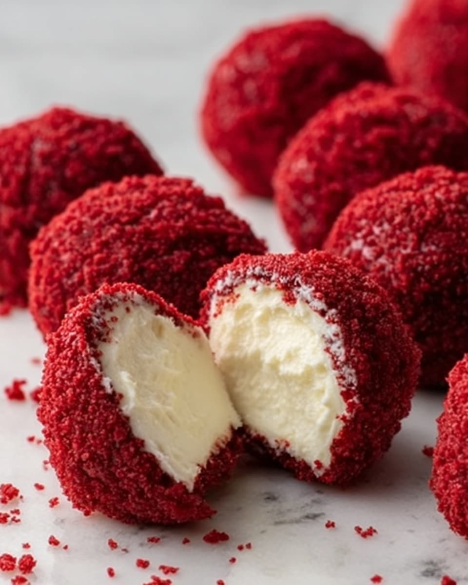 The image shows several round red velvet truffles with a bright red outer coating that looks crumbly and textured. One truffle is cut in half and placed on top of another, revealing a smooth, creamy white inside. The truffles are scattered on a white marbled surface, with small red crumbs around them, adding contrast. The colors are mainly red and white, and the truffles appear soft and rich. Photo taken with an iphone --ar 4:5 --v 7
