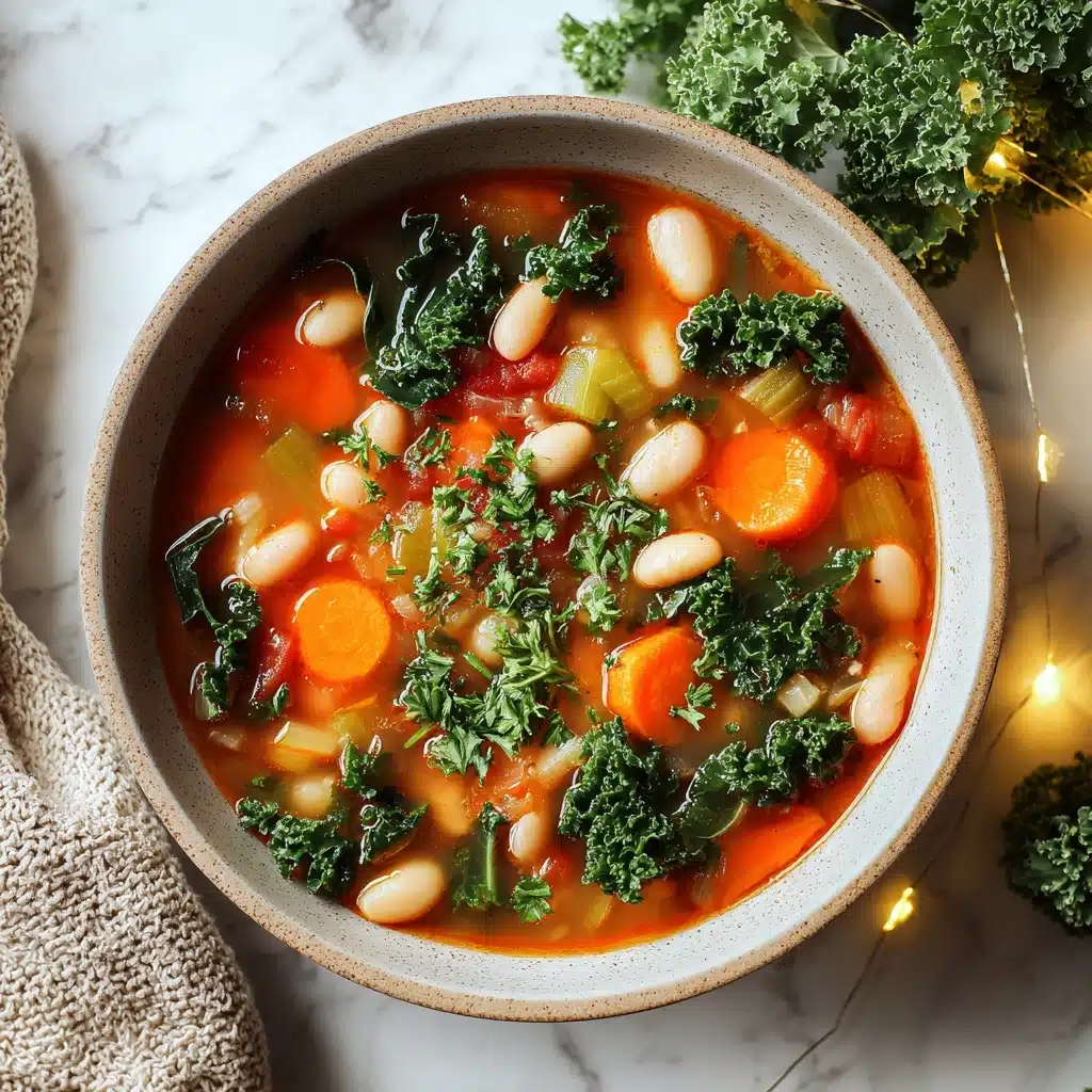 A vibrant bowl of vegetable soup featuring a clear reddish-orange broth as the base layer, with plump white beans scattered throughout. Visible above the broth are bright orange carrot slices, small light green celery chunks, and tender translucent onion pieces, all mixed evenly. Dark green kale leaves with ruffled edges float on top, adding texture and a fresh look. The soup is garnished with finely chopped parsley sprinkled over the center. The bowl rests on a white marble surface with some leafy kale in the background and soft warm fairy lights on the side, alongside a cozy beige textured fabric. Photo taken with an iphone  --v 7.0