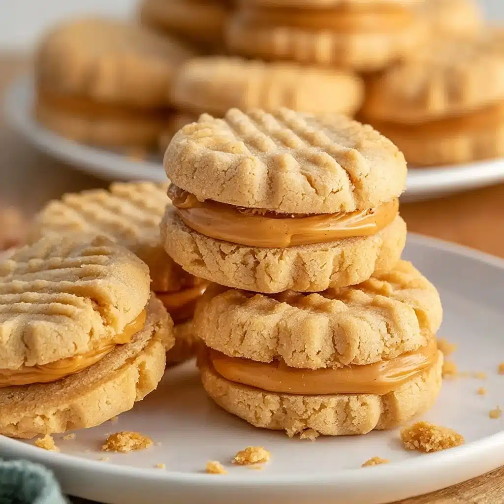 The image shows a stack of three peanut butter sandwich cookies on a white plate, each with two light golden-brown textured cookies forming the top and bottom layers, marked by crisscross fork impressions. Between each cookie pair is a smooth, creamy peanut butter filling layer of a rich caramel color. Surrounding the stack are several similar sandwich cookies, some partially visible, and small cookie crumbs scattered on the plate. The close-up highlights the soft, slightly cracked texture of the cookie edges and the glossy thickness of the peanut butter filling. Photo taken with an iphone  --v 7.0