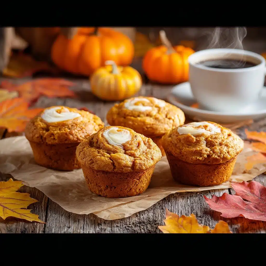 The image shows four pumpkin muffins arranged closely together on a piece of parchment paper atop a rustic wooden surface. Each muffin has a golden-brown texture with a slightly cracked top and a visible swirl of cream cheese or frosting in the center, adding a smooth, lighter contrast to the warm tones of the muffin. Surrounding the muffins are scattered autumn leaves in yellow, orange, and red hues, contributing to a seasonal fall atmosphere. In the background, there are small decorative pumpkins in orange and pale yellow, enhancing the autumn theme. To the right side of the muffins, a white cup of hot black coffee emits visible steam, suggesting warmth and freshness in the scene. The photo has a cozy, inviting composition with soft natural lighting. photo taken with an iphone  --v 7.0
