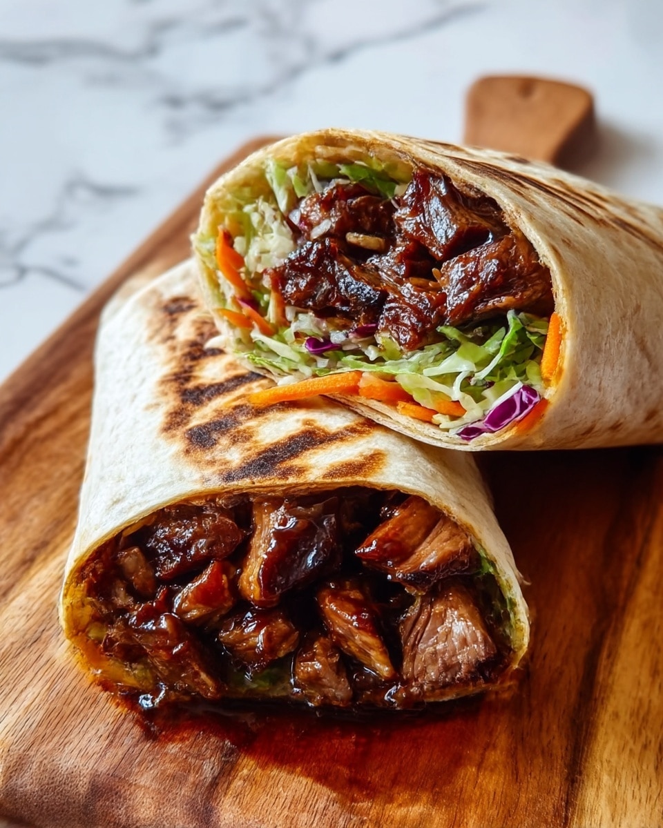 The image shows two halves of a wrap placed on a wooden board with a white marbled texture below. Each wrap has three visible layers: the outer layer is a toasted, lightly browned tortilla with a slightly crispy texture; inside, there is a thick middle layer of dark brown, grilled chicken pieces with a shiny glaze; the top layer consists of fresh, shredded lettuce mixed with thin orange carrot strips and some small bits of purple cabbage. The cut side of the wraps faces the camera, revealing the colorful, fresh filling inside. photo taken with an iphone --ar 4:5 --v 7