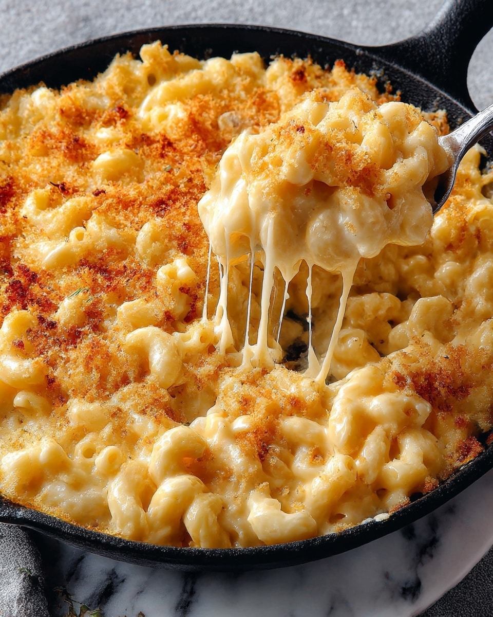A close-up view of a creamy baked mac and cheese dish served in a black skillet on a white marbled texture. The dish has soft, curved pasta covered in a thick, pale yellow cheese sauce. On top, there is a golden-brown crunchy layer of breadcrumbs, with spots of darker browning from baking. The cheese is melted and stretchy, pulling slightly away where a spoon scoops some food from the side, showing gooey texture beneath the crispy top. The skillet rests on a grey cloth. Photo taken with an iphone --ar 4:5 --v 7