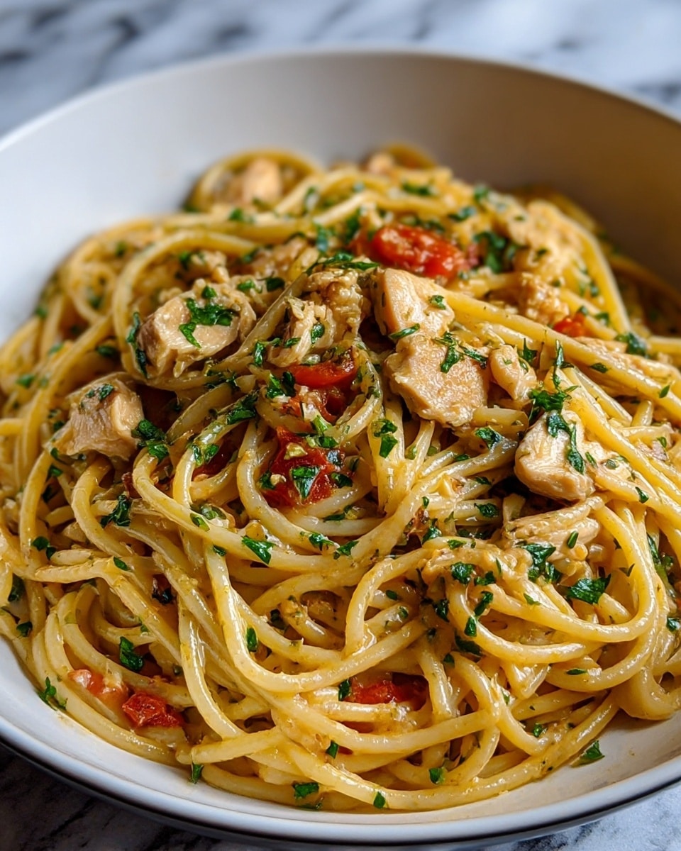 A close-up view of a white plate filled with a generous serving of spaghetti pasta mixed with pieces of cooked chicken. The pasta is coated in a glossy light brown sauce, with small chunks of bright red tomatoes scattered throughout. Fresh green herbs are finely chopped and sprinkled all over the dish, adding a fresh contrast to the warm colors. The chicken pieces are light golden brown with visible seasoning, evenly distributed throughout the pasta. The plate sits on a wooden surface, and the photo shows the textures of the pasta strands, chicken, and herbs in sharp detail. photo taken with an iphone --ar 4:5 --v 7