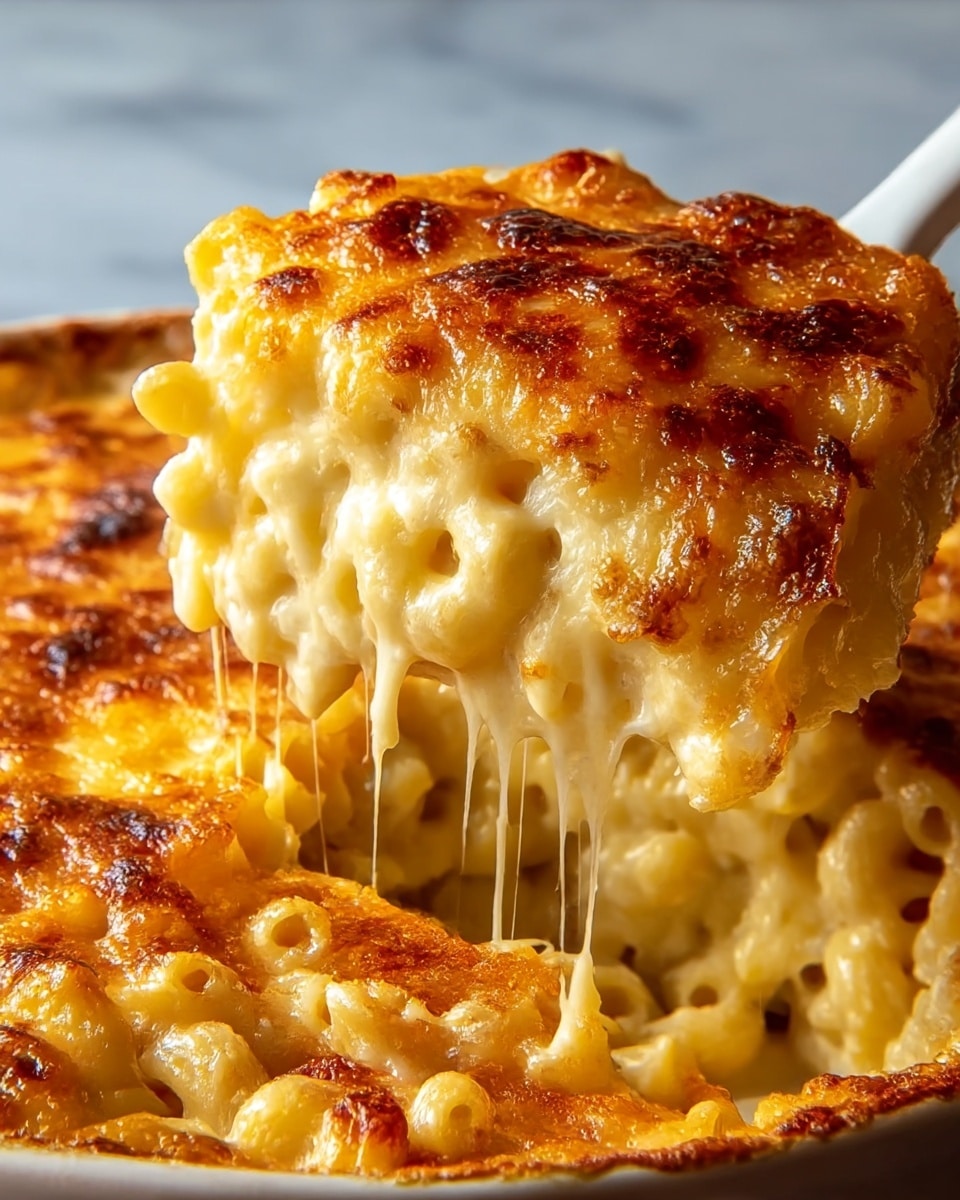 A close-up of a macaroni and cheese dish with two layers; the top layer is golden brown and crispy with a slightly rough texture, while the bottom layer is creamy, gooey, and bright yellow with melted cheese strings stretching between the two layers. The dish is held by a woman's hand above a white marbled surface. The top is sprinkled with small green herbs for a touch of color. photo taken with an iphone --ar 4:5 --v 7