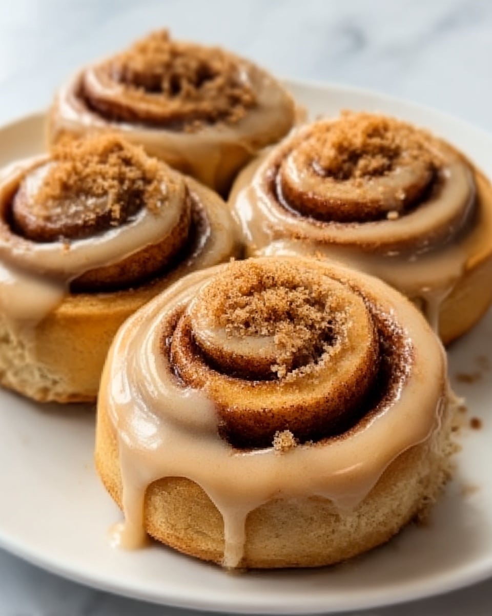 The image shows four cinnamon rolls placed closely together on a white marbled surface. Each roll has two visible layers: a soft, golden-brown dough spiraled with a layer of dark cinnamon sugar filling inside. On top of the rolls is a thick, creamy white icing that drips slightly down the sides, with a sprinkle of cinnamon sugar crystals adding texture and color contrast. The rolls look fresh and soft, with the icing smooth and glossy. The focus is close-up, highlighting the texture of the icing and the swirls of the dough. Photo taken with an iphone --ar 4:5 --v 7