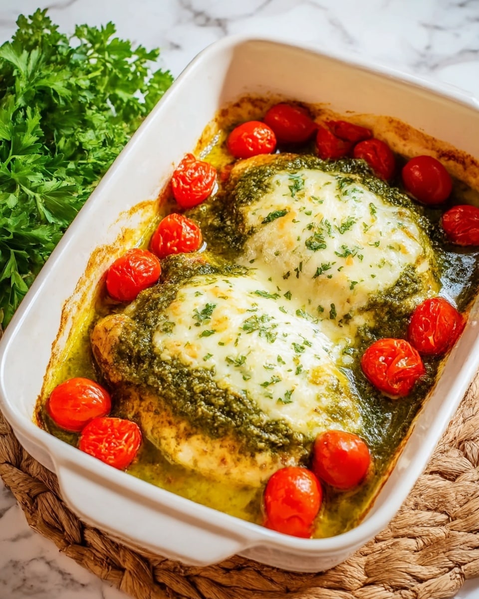 A white baking dish holds a baked chicken breast covered with a bright green pesto sauce, melted white cheese, and small green herb pieces scattered on top. Around the chicken, there are several glossy red cherry tomatoes. The baking dish sits on a woven brown mat, placed on a white marbled surface. On the left side, fresh green parsley leaves are partially visible. photo taken with an iphone --ar 4:5 --v 7