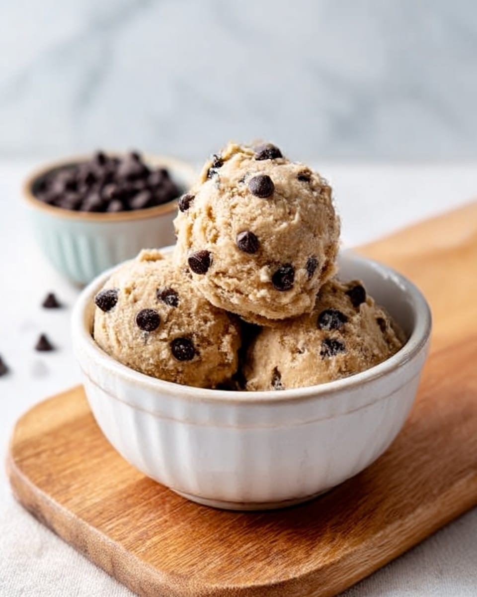 A white ceramic bowl filled with four scoops of light brown cookie dough mixed with chocolate chips, some mini chocolate chips sprinkled on top of the scoops, placed on a wooden board with a blurred white marbled background and a pink jar slightly visible in the background, photo taken with an iphone --ar 4:5 --v 7