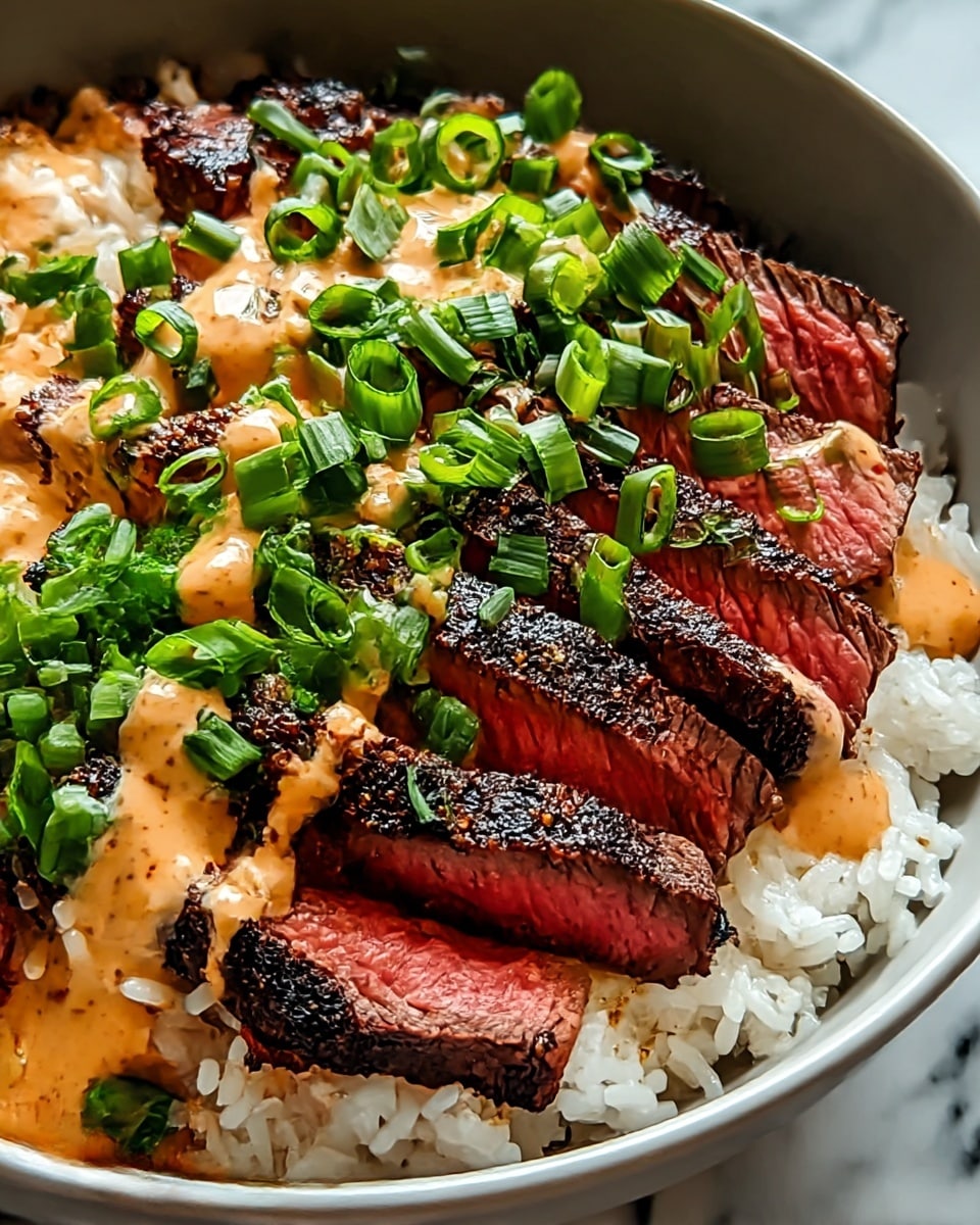 A white bowl filled with a layer of white rice at the bottom, topped with thick pieces of grilled steak that show char marks and a pink center, arranged neatly in a row. On top of the steak, there is a creamy orange sauce drizzled generously, speckled with red bits, and fresh bright green chopped scallions scattered over the sauce. The bowl sits on a white marbled surface, with the focus on the layers and rich colors of the dish. photo taken with an iphone --ar 4:5 --v 7