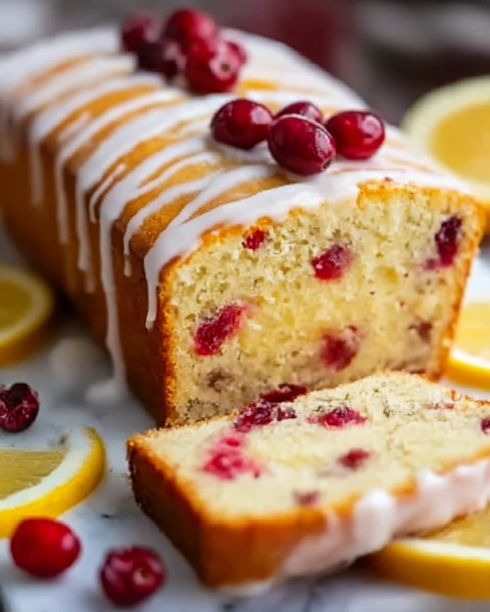 A loaf of berry bread is shown with a slice cut out in front of it. The bread is light golden brown on the outside with a soft, pale yellow inside. It has red berries scattered evenly throughout each slice. The top of the loaf has thin white icing drizzled over it, with a few berry pieces on top. The bread is placed on a wooden board on a white marbled surface. Photo taken with an iphone --ar 4:5 --v 7