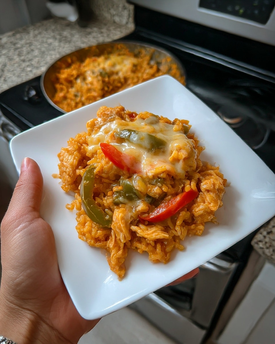 A close-up view of a single layer of cooked rice mixed with pieces of chicken and green and red bell peppers, all coated in a reddish-orange sauce, served on a white square plate. The top layer is covered with a glossy, creamy melted cheese sauce that spreads unevenly over the rice and chicken, giving a smooth and shiny texture. In the background, the same dish remains in a black cooking pot on a stove with a silver handle, resting on a white marbled countertop. The photo taken with an iphone --ar 4:5 --v 7