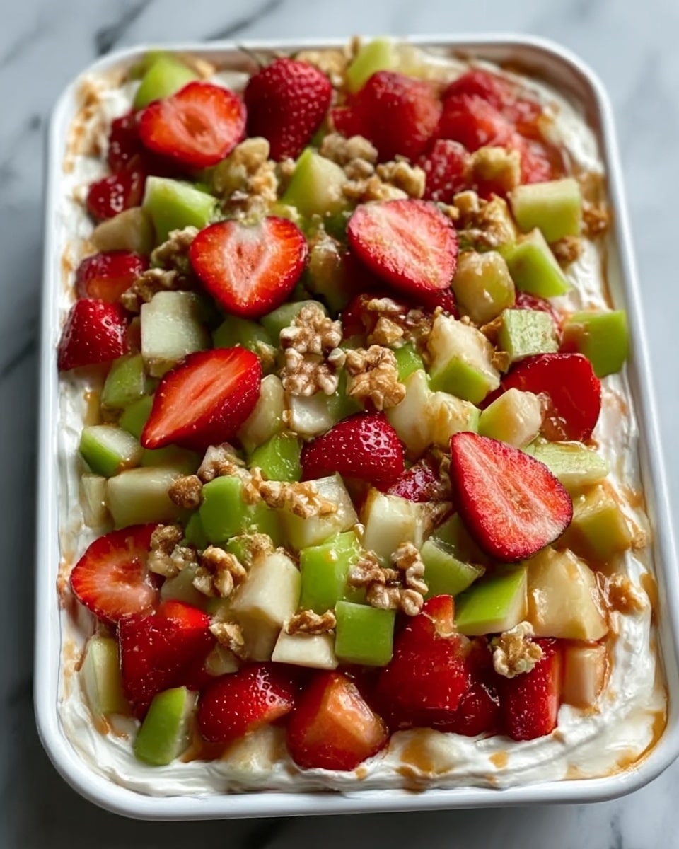 A white rectangular dish filled with a fruit salad layers from the bottom up: a smooth white creamy base, topped with chunks of green apple, sliced bananas, and halved strawberries arranged closely together. The fruit pieces are evenly spread out and mixed with small clusters of light brown granola sprinkled across the top. Drizzles of caramel sauce flow gently over the fruit and granola, adding a glossy finish to the colorful and textured arrangement. The dish is placed on a white marbled surface. photo taken with an iphone --ar 4:5 --v 7