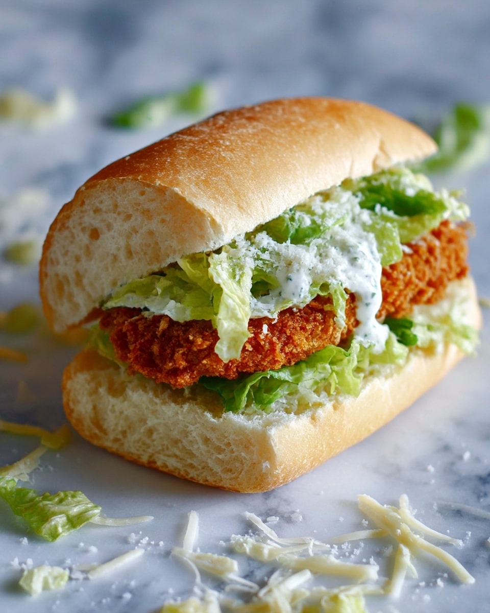 A sandwich with a golden-brown crusty roll cut in half, showing three layers inside: at the bottom, a crispy deep brown fried chicken cutlet with a crunchy texture; above that, fresh bright green lettuce mixed with creamy white sauce spread thickly; the top half of the roll is soft with a light golden crust. Some white shredded cheese and bits of lettuce are scattered around on white parchment paper on a white marbled surface. In the background, blurred parts of another sandwich are seen. Photo taken with an iphone --ar 4:5 --v 7